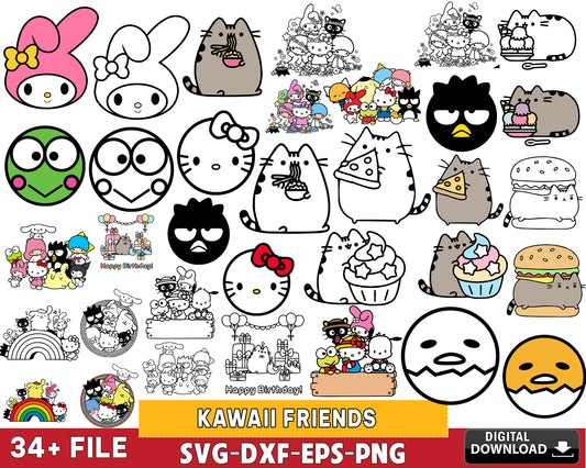 Kawaii Friends Svg, Kitty Cat Svg, Kitty Svg, Kawaii Animal svg dxf eps png, for Cricut, Silhouette, digital, file cut