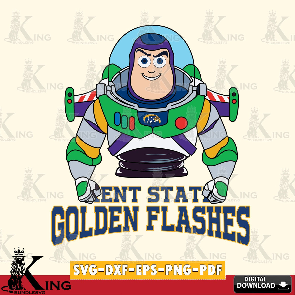 Hand-drawn style art of Kent State Golden Flashes Buzz Lightyear football, digital clipart compatible with laser engraving and