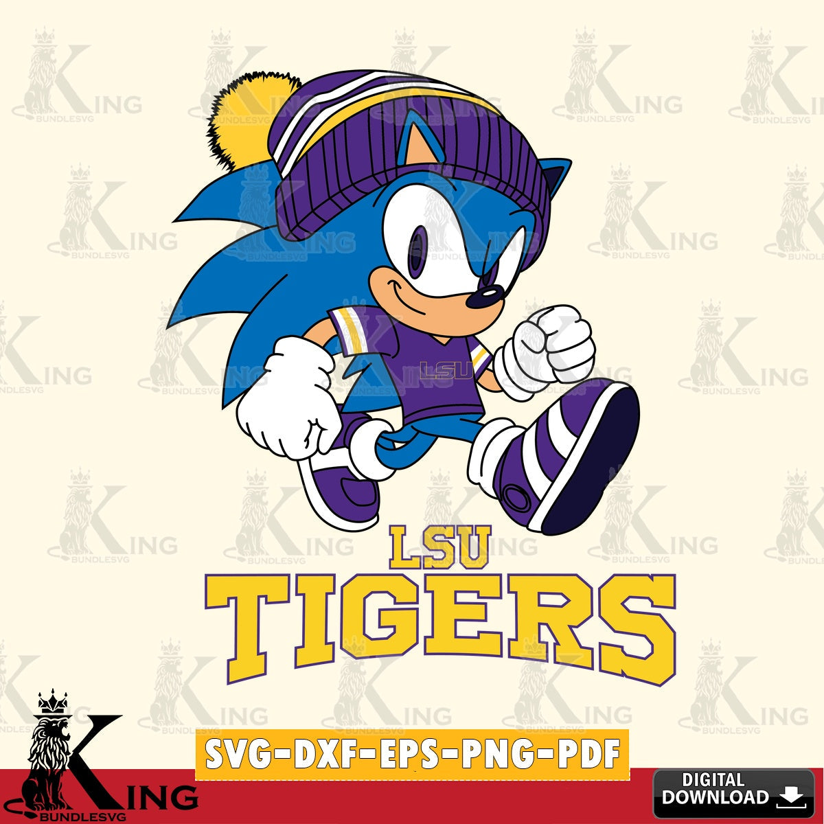 Unique artwork depicting LSU Tigers Sonic Football, a digital download for Cricut Maker and paper crafts