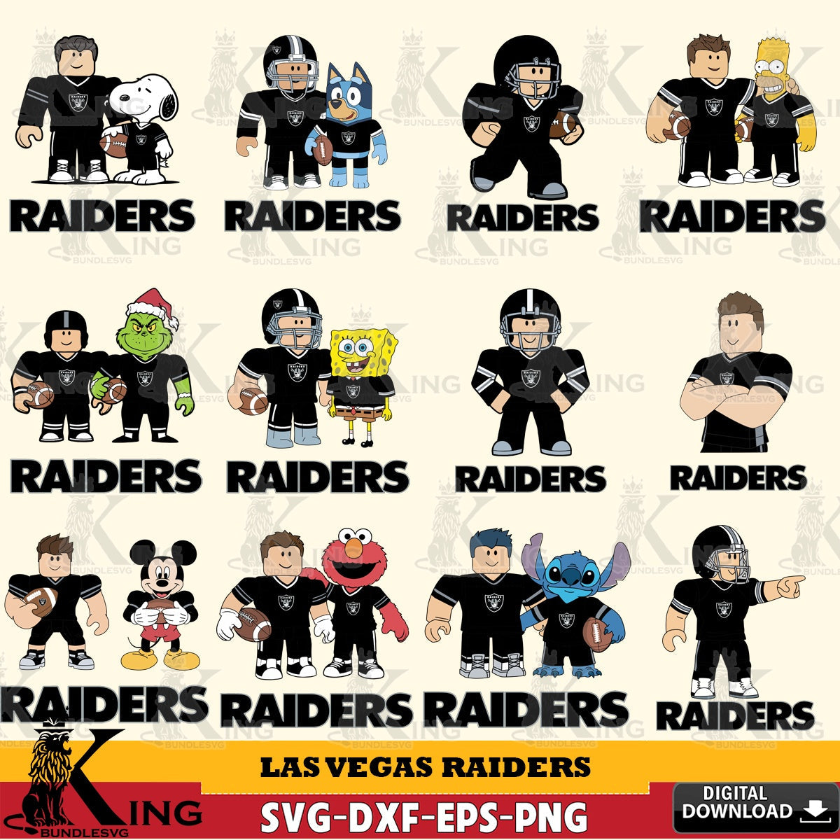 Variety pack of Las Vegas Raiders Roblox with Friends football NFL Bundle, NFL File cut SVG PNG files perfect for Cricut and