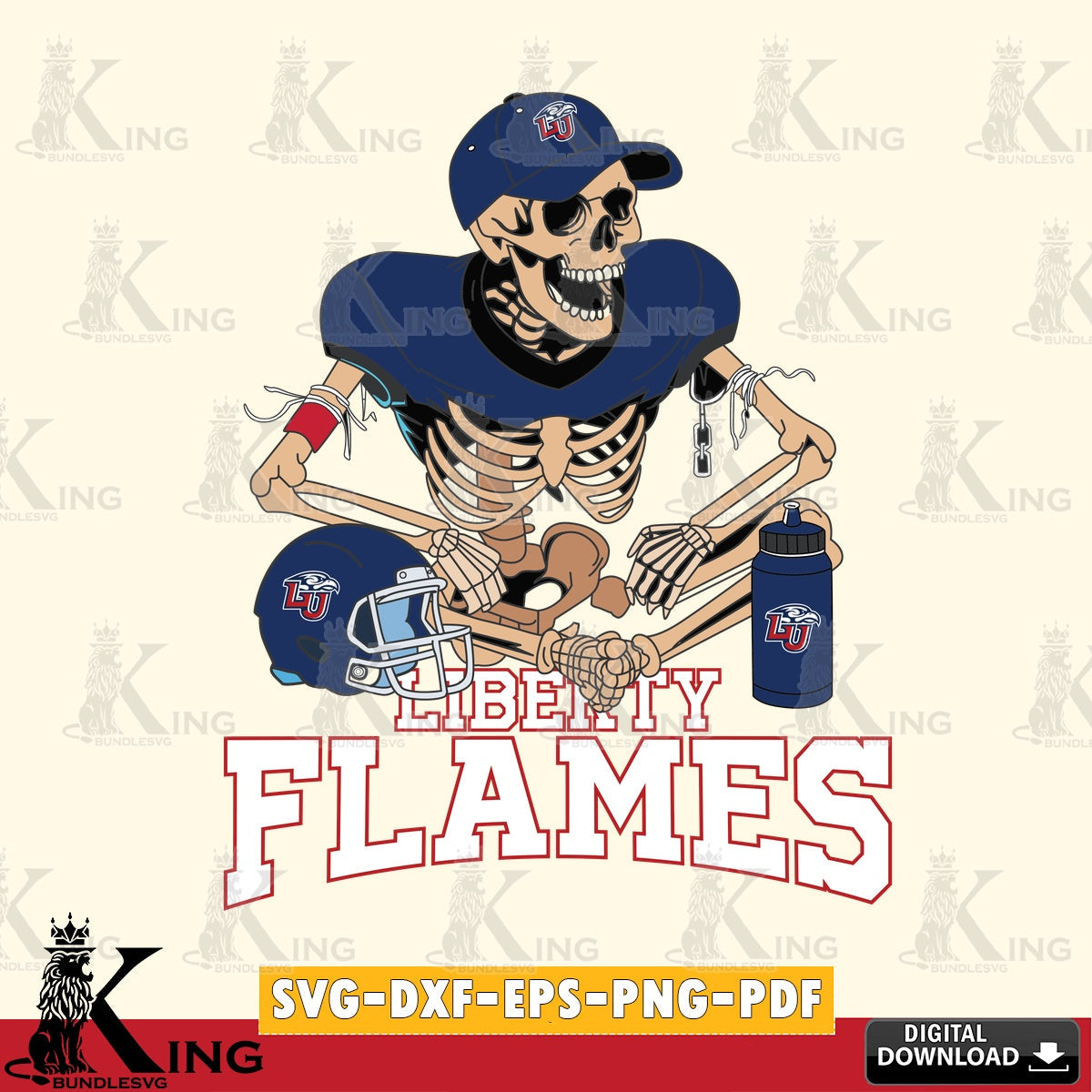 Digital clipart of a Liberty Flames skeleton player playing football, vector art for engraving, cutting, and printing