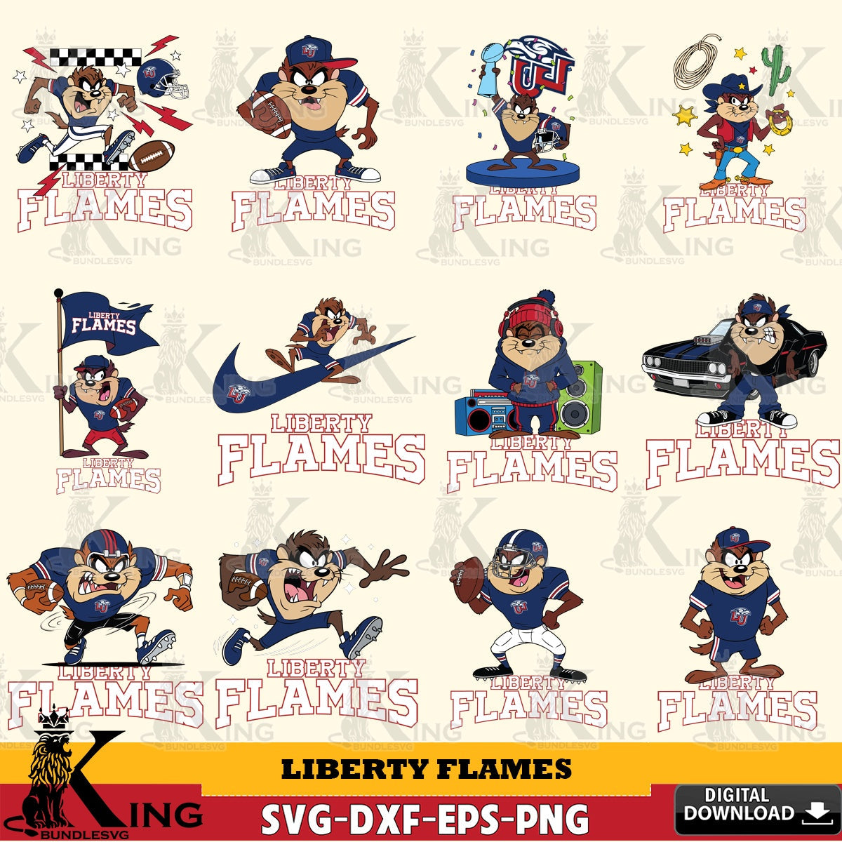 Liberty Flames Taz Football NCAA Bundle SVG file, Cut file , Digital Download , Instant Download, Taz svg, NCAA svg