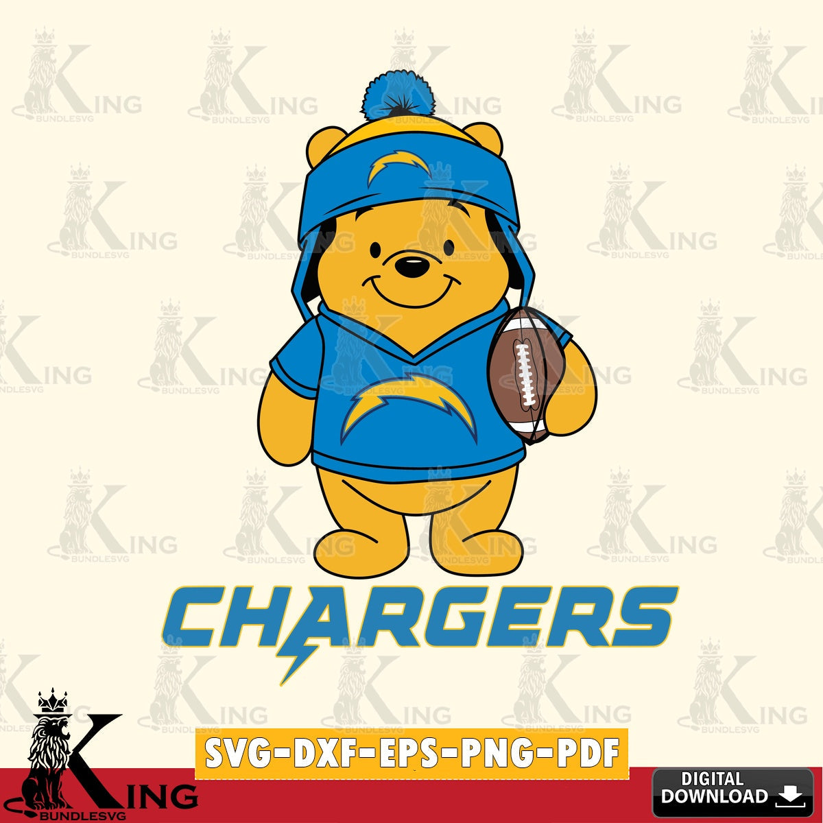 Hand-drawn style art of Los Angeles Chargers Winnie the Pooh player in a football design, SVG cut file for personalized gifts and