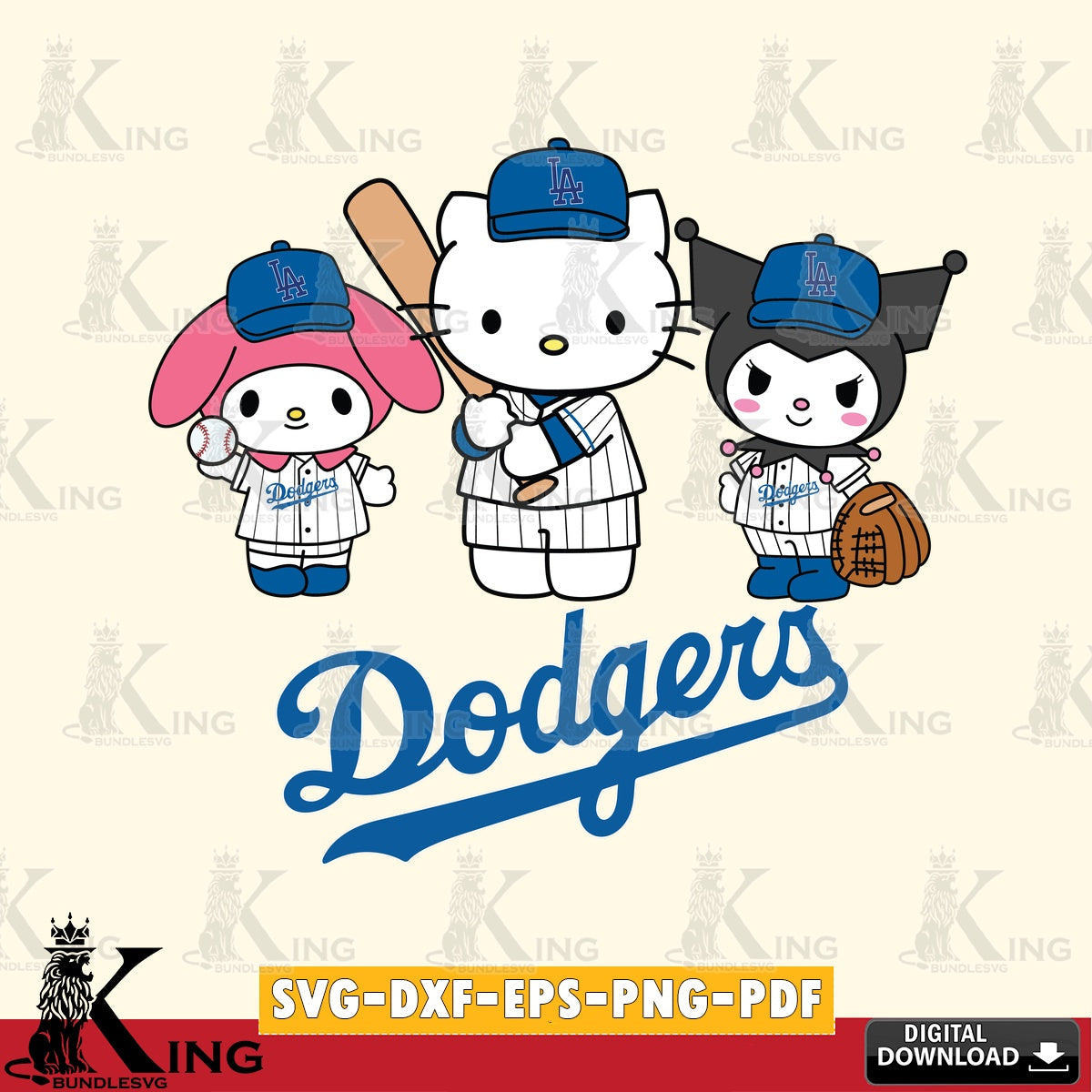 Detailed illustration of Los Angeles Dodgers cute kawaii friends vector illustration for POD merchandise and apparel