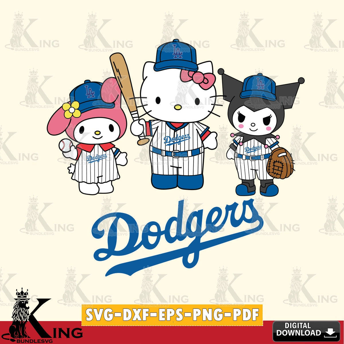 Variety pack of Los Angeles Dodgers Squad kitty kuromi melody, high-quality vector for DIY scrapbooking and home decor