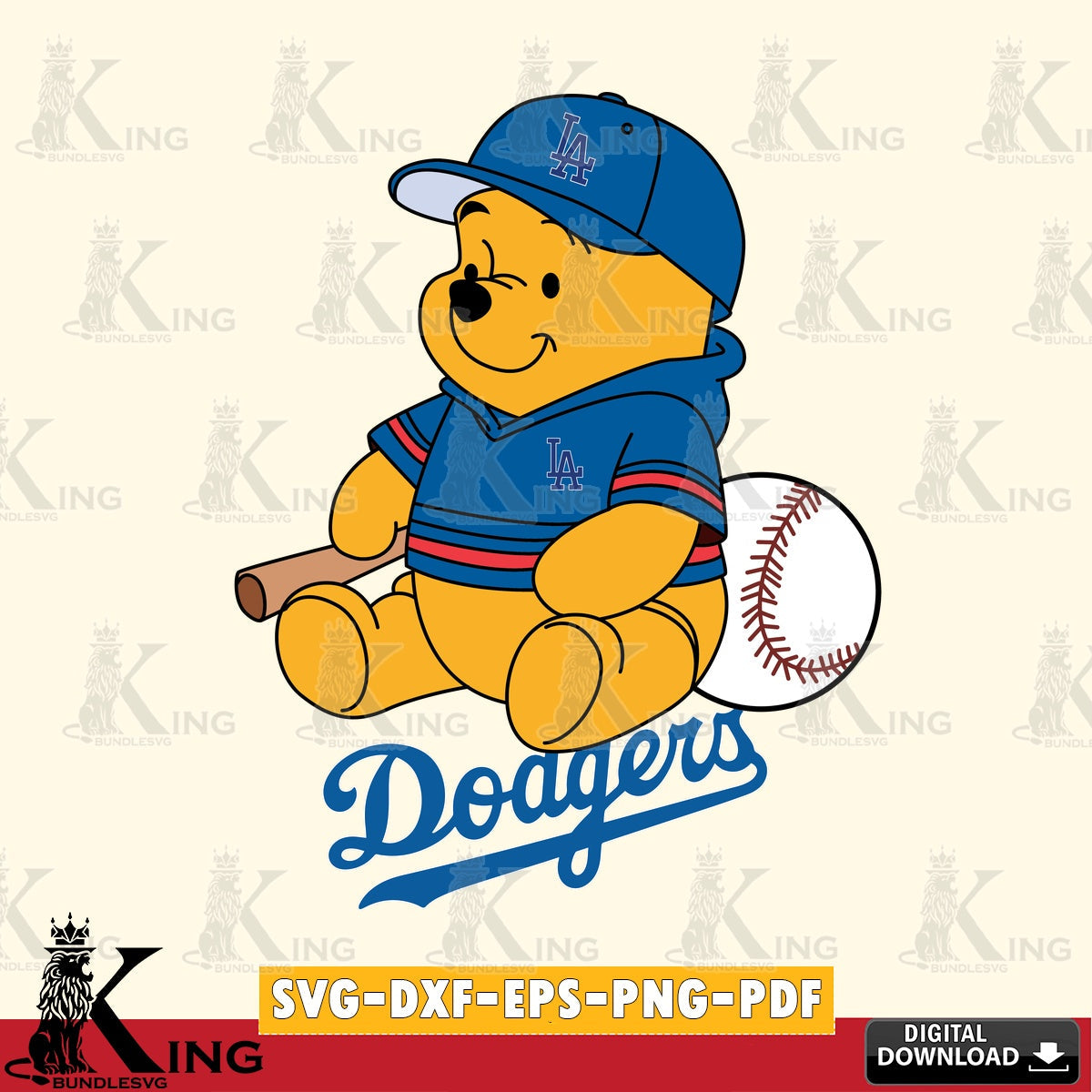 High-quality graphic of Los Angeles Dodgers Winnie the Pooh baseball, a crafting file for iron-on transfer and vinyl decals.