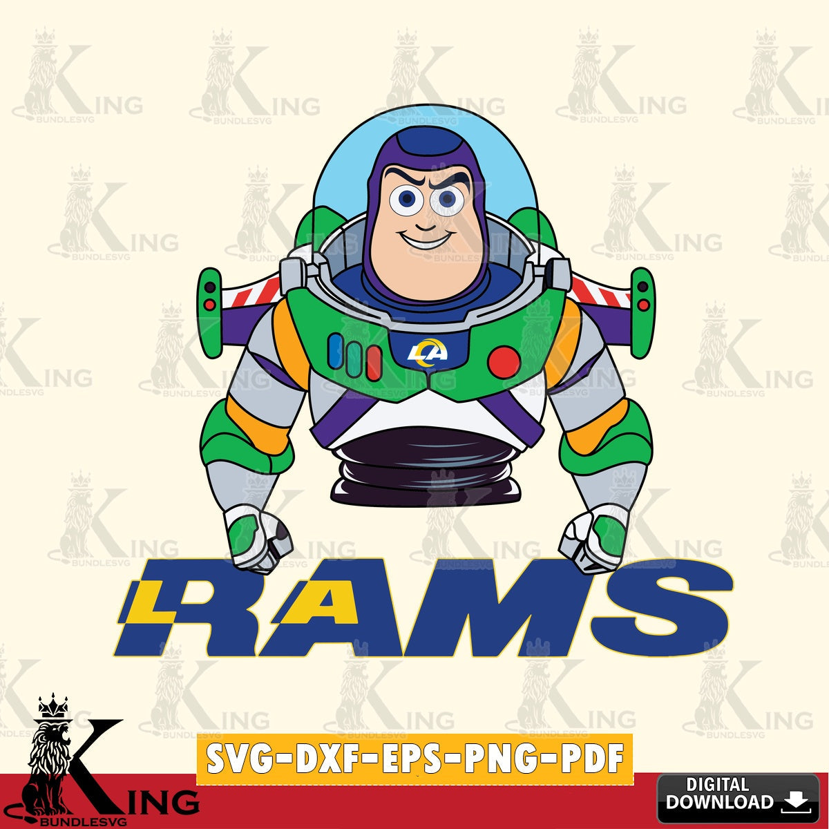 Eye-catching graphic of a Los Angeles Rams Buzz Lightyear football, a printable vector design for sublimation and crafts.