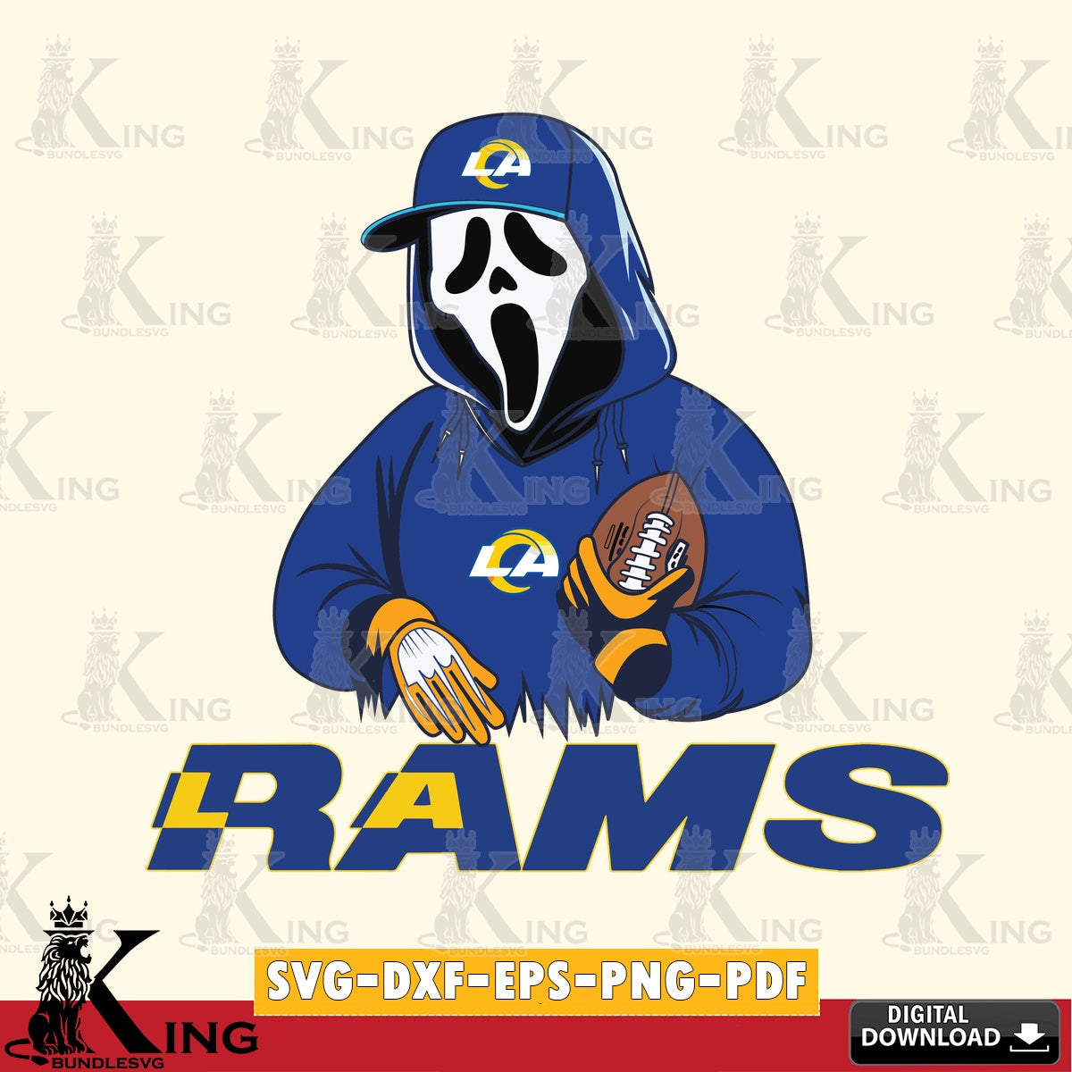 Vector design showing Los Angeles Rams Ghostface Scream player Football, a printable vector design for sublimation and crafts