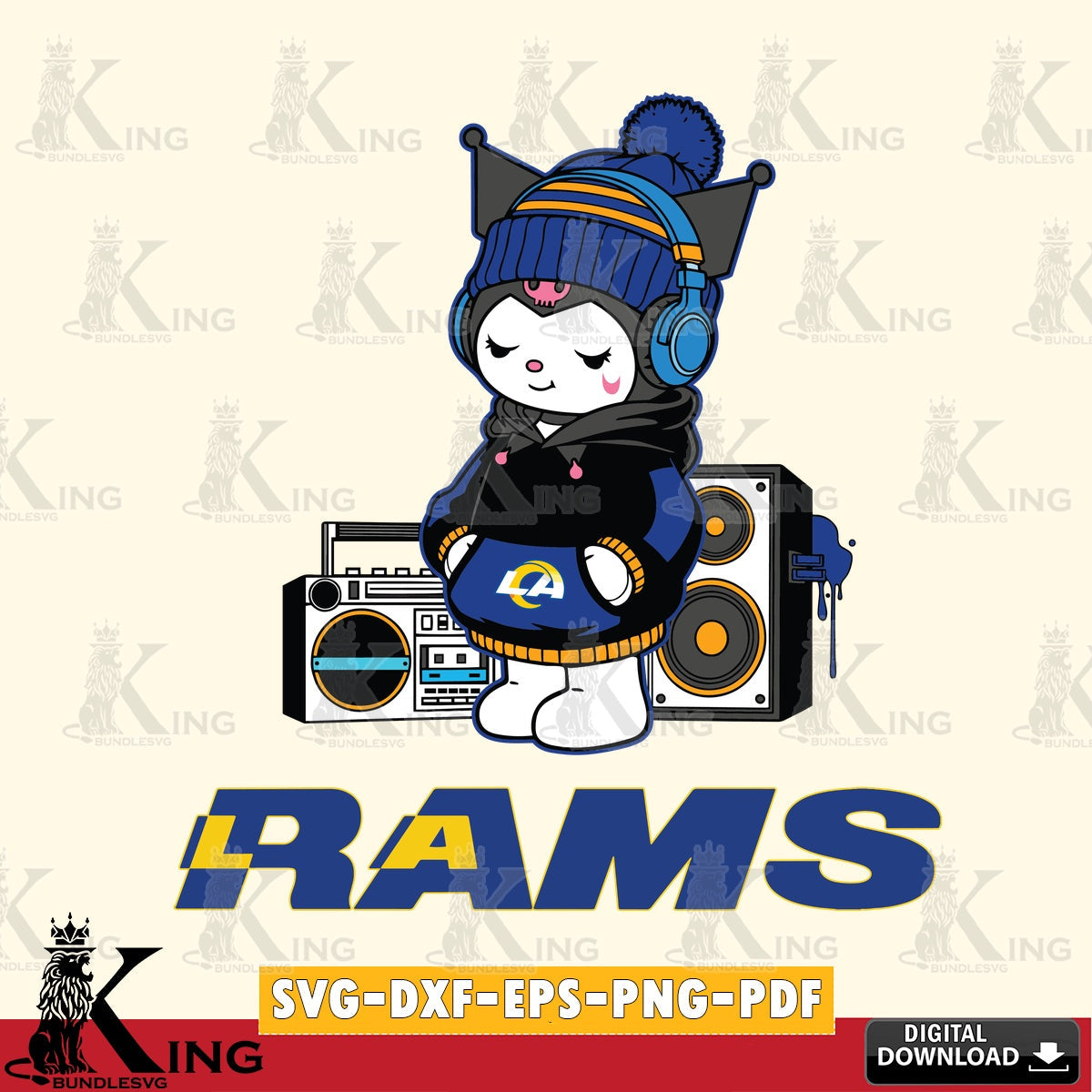 Los Angeles Rams Kuromi Football Music SVG file, Cricut, Cut file , Digital Download , Instant Download, Sanrio svg, Clipart