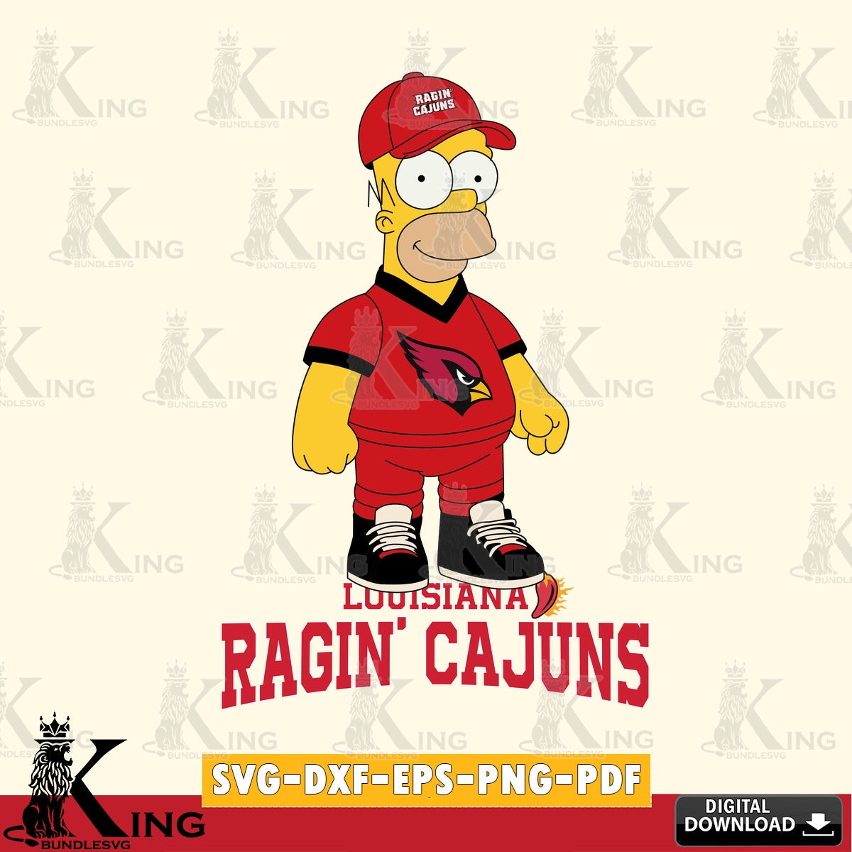 Hand-drawn style art of Louisiana Ragin' Cajuns Homer Simpson football NCAA design, SVG PNG design suitable for Glowforge and