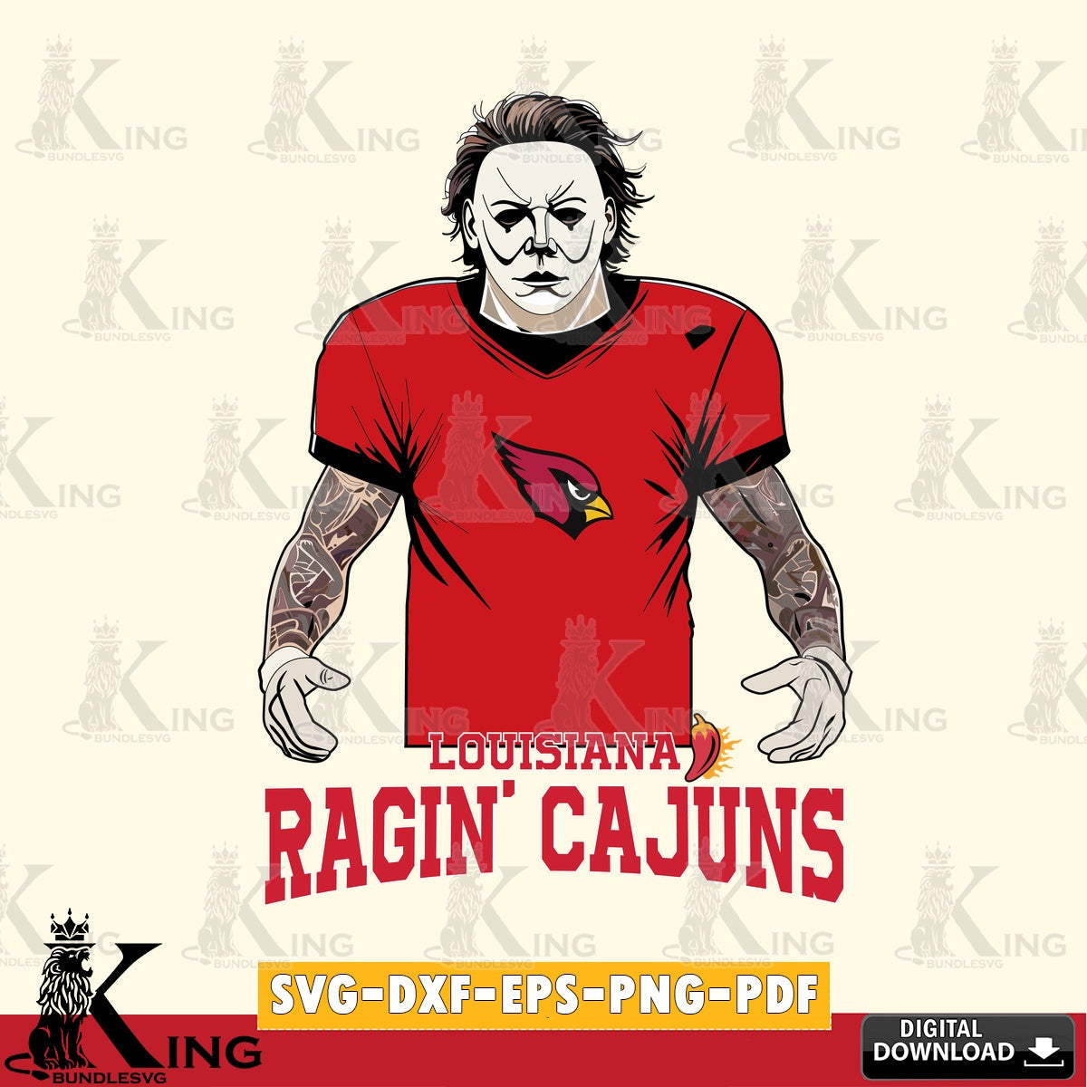 Digital clipart of Louisiana Ragin' Cajuns Michael Myers tattoo football, a printable vector design for sublimation and crafts