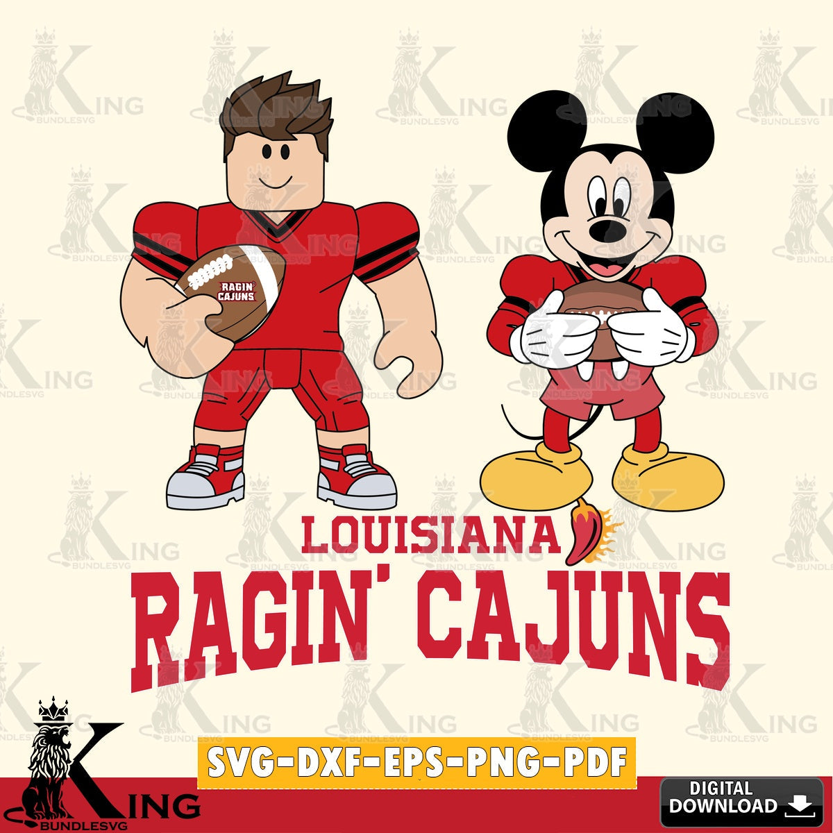 Louisiana Ragin' Cajuns Roblox & Mickey Football SVG file , NCAA Cricut, File cut , Digital Download , PDF File