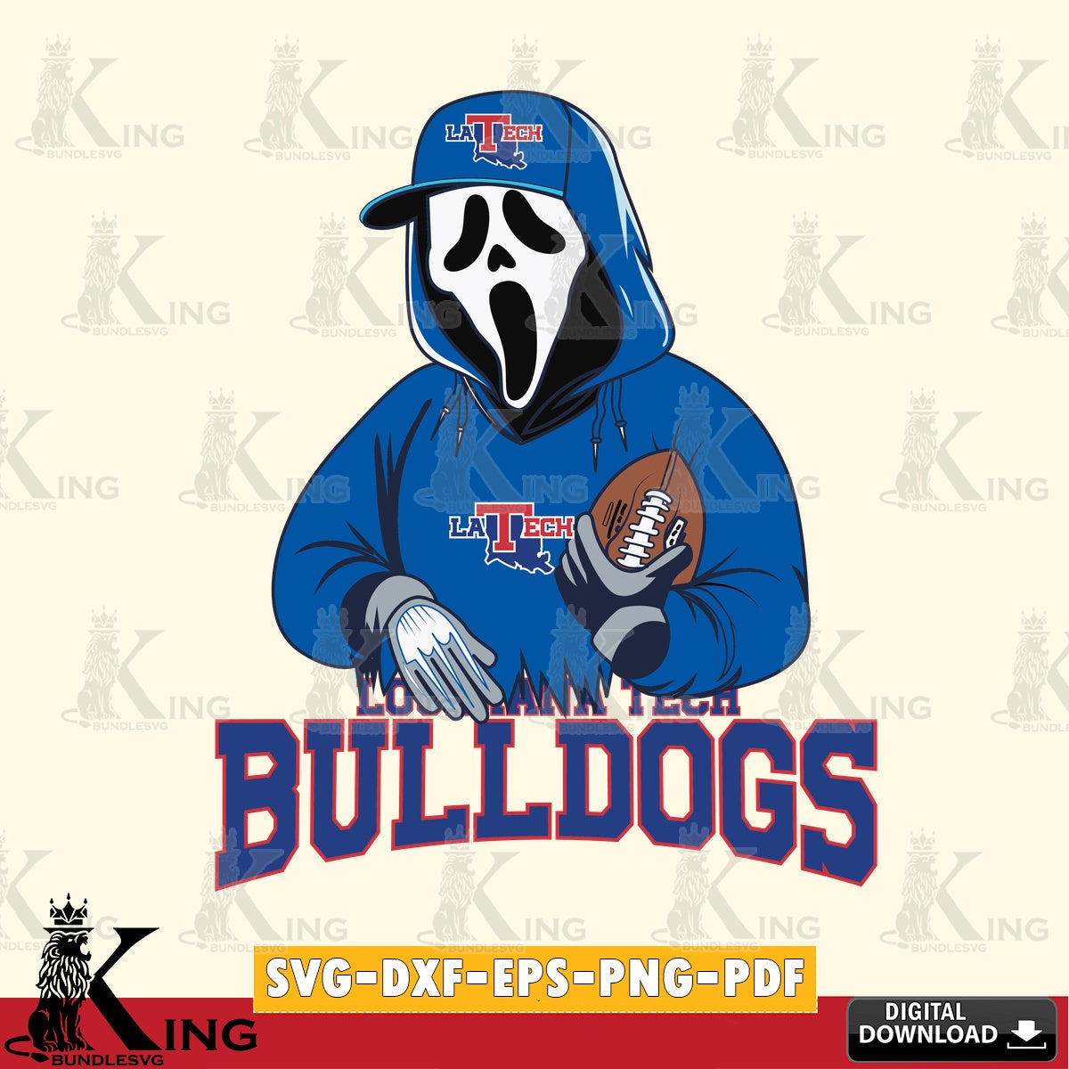 Printable art of Louisiana Tech Bulldogs Ghostface Scream football player, printable vector design for sublimation and crafts