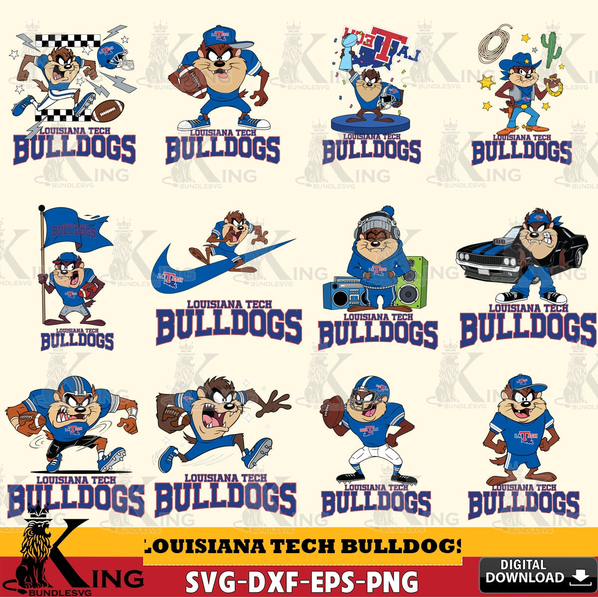 Louisiana Tech Bulldogs Taz Football NCAA Bundle SVG file, Cut file , Digital Download , Instant Download, Taz svg, NCAA svg