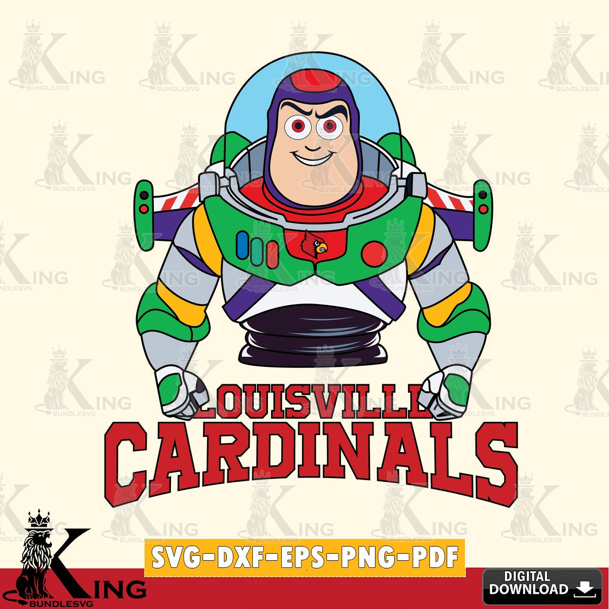 High-quality graphic of a Louisville Cardinals Buzz Lightyear football design, vector art for engraving, cutting, and printing.