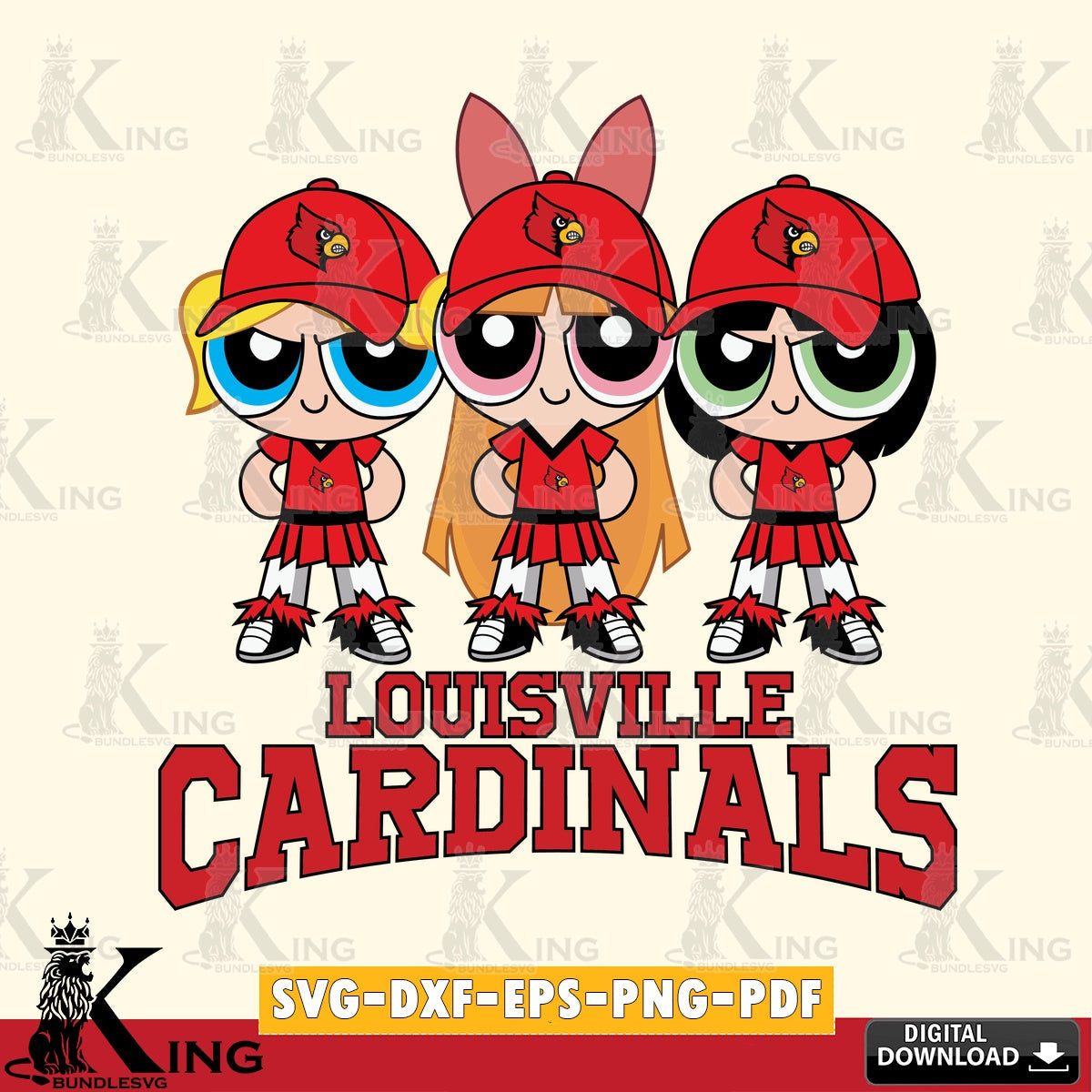 Vector design showing Louisville Cardinals PowerPuff Girls football, NCAA vector illustration for POD merchandise and apparel
