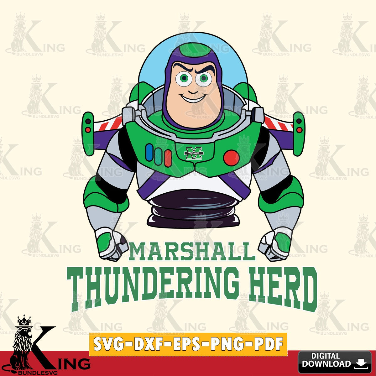 Digital download featuring Marshall Thundering Herd Buzz Lightyear football vector art for engraving, cutting, and printing.