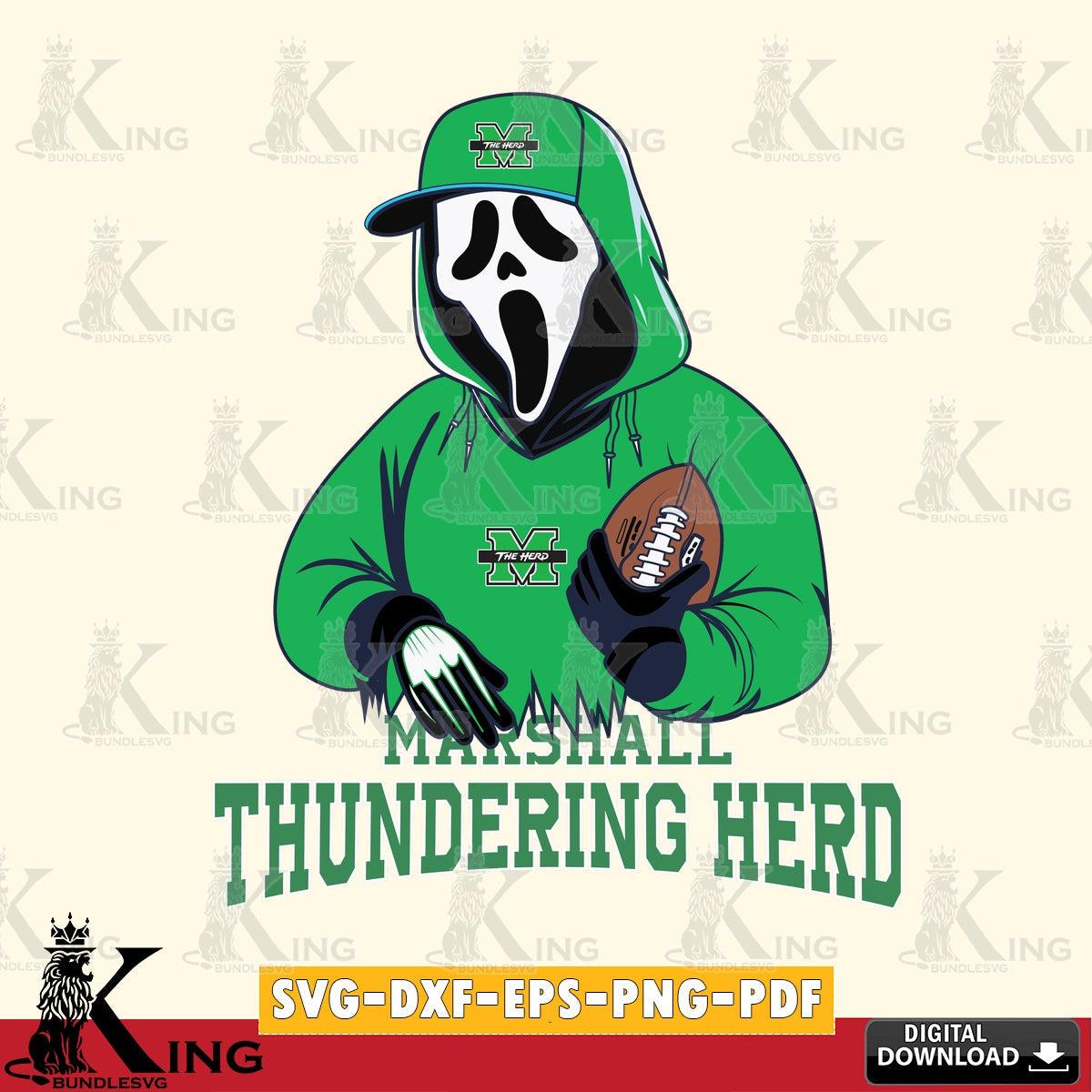 Custom design featuring Marshall Thundering Herd Ghostface Scream football player, a high-quality vector for DIY scrapbooking and