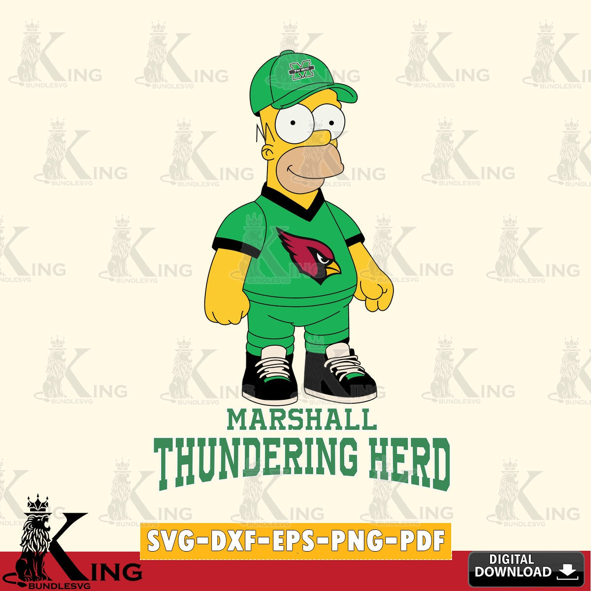 Vector design showing Marshall Thundering Herd Homer Simpson football, NCAA, SVG PNG design suitable for Glowforge and laser