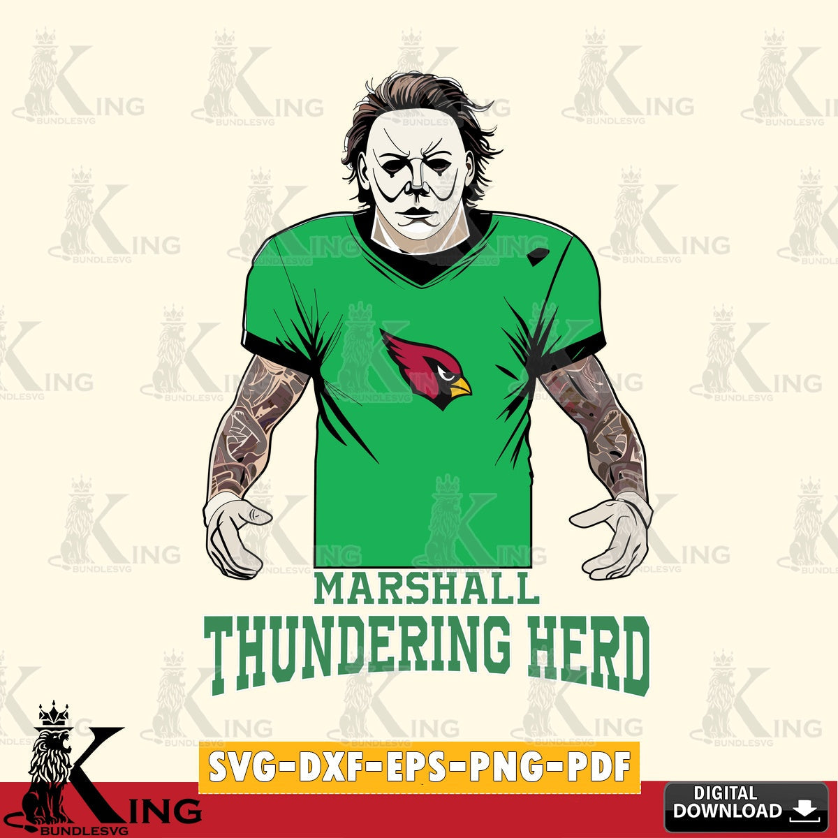 Artistic drawing of Marshall Thundering Herd Michael Myers Tattoo Football, NCAA SVG PNG design suitable for Glowforge and laser