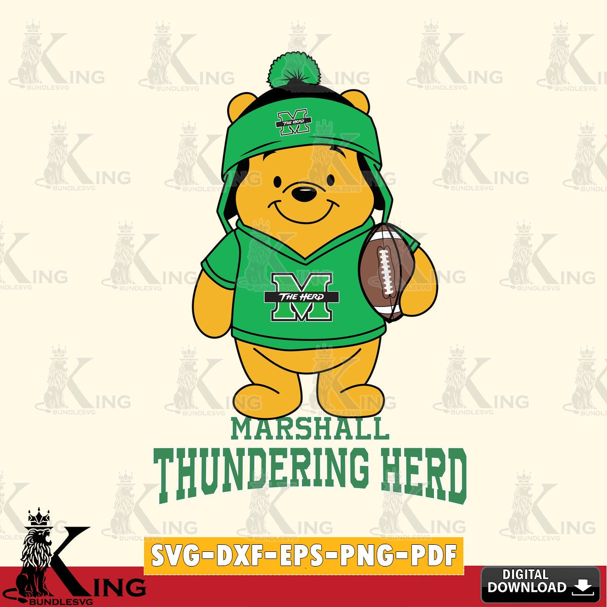 Creative design featuring Marshall Thundering Herd Winnie the Pooh player Football, SVG PNG files perfect for Cricut and