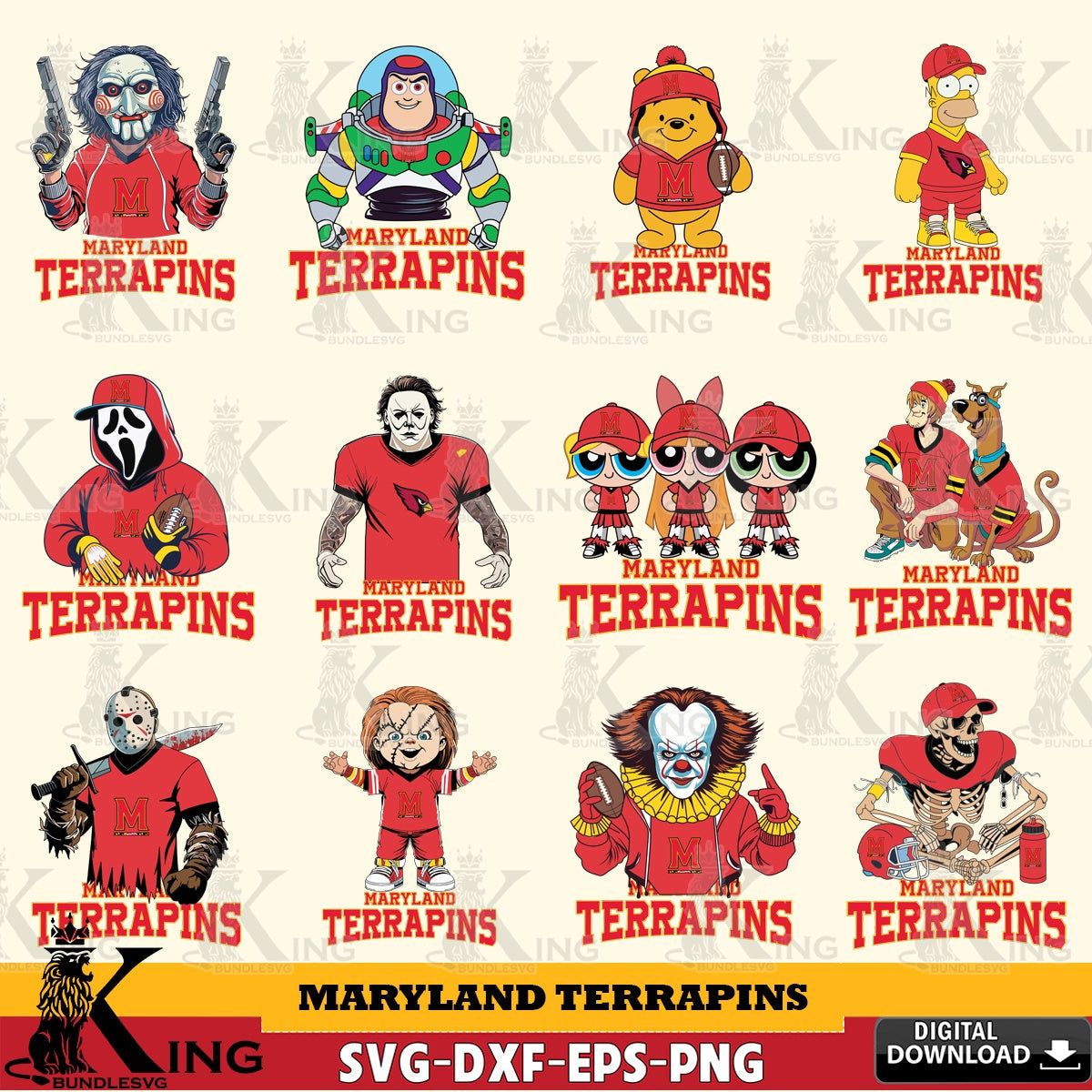 Massive pack of Maryland Terrapins Cartoon Football NCAA Bundle printable vector design for sublimation and crafts