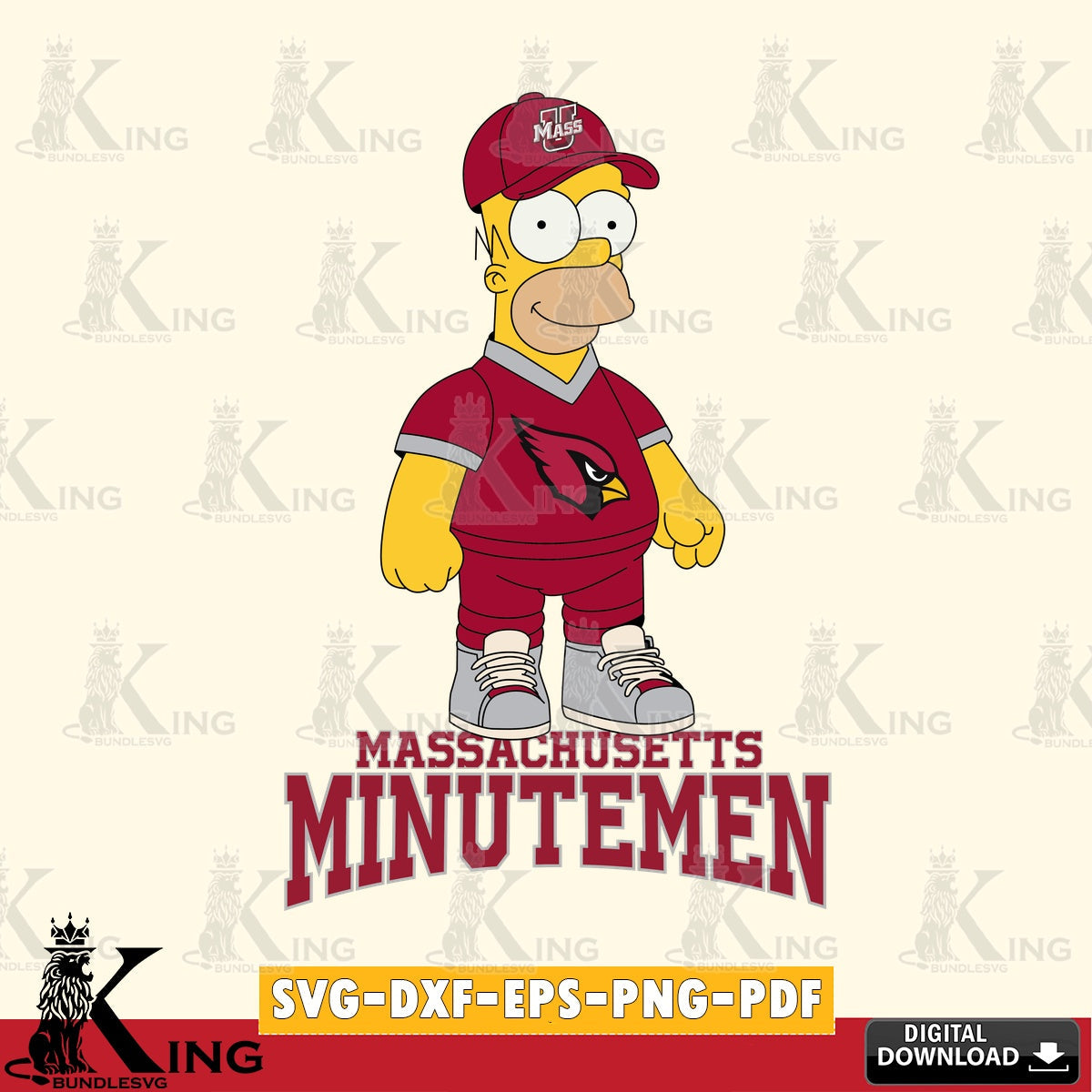 Premium pack containing Massachusetts Minutemen Homer Simpson football NCAA printable vector design for sublimation and crafts