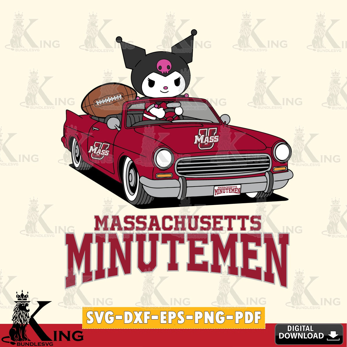 Massachusetts Minutemen Kuromi Car Football Game SVG file, Cricut, Cut file , Digital Download , Instant Download, Sanrio svg, Clipart