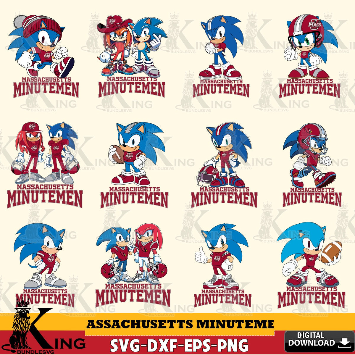 Ultimate set containing Massachusetts Minutemen Sonic & Knuckles NCAA Football bundle, crafting file for iron-on transfer and