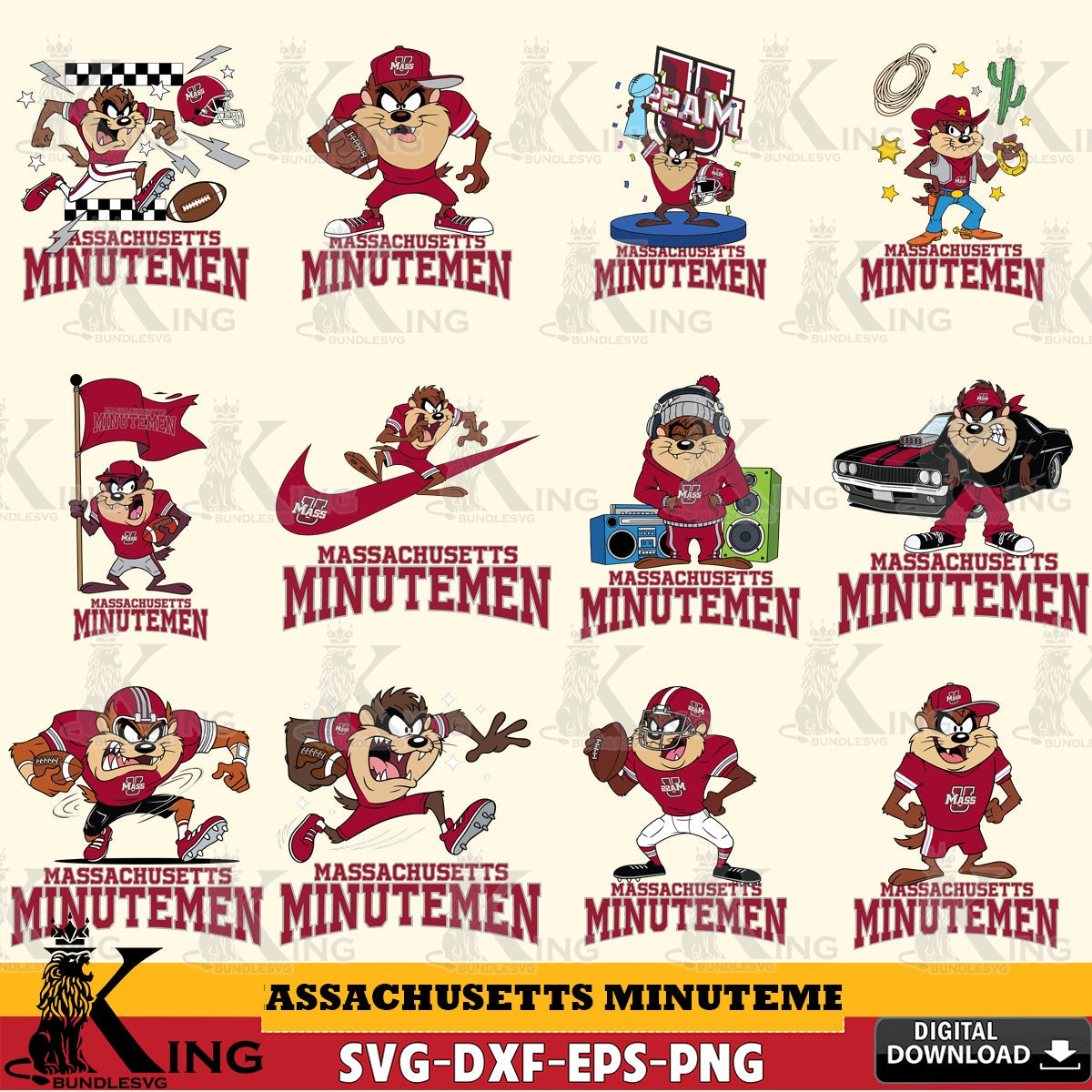 Massachusetts Minutemen Taz Football NCAA Bundle SVG file, Cut file , Digital Download , Instant Download, Taz svg, NCAA svg