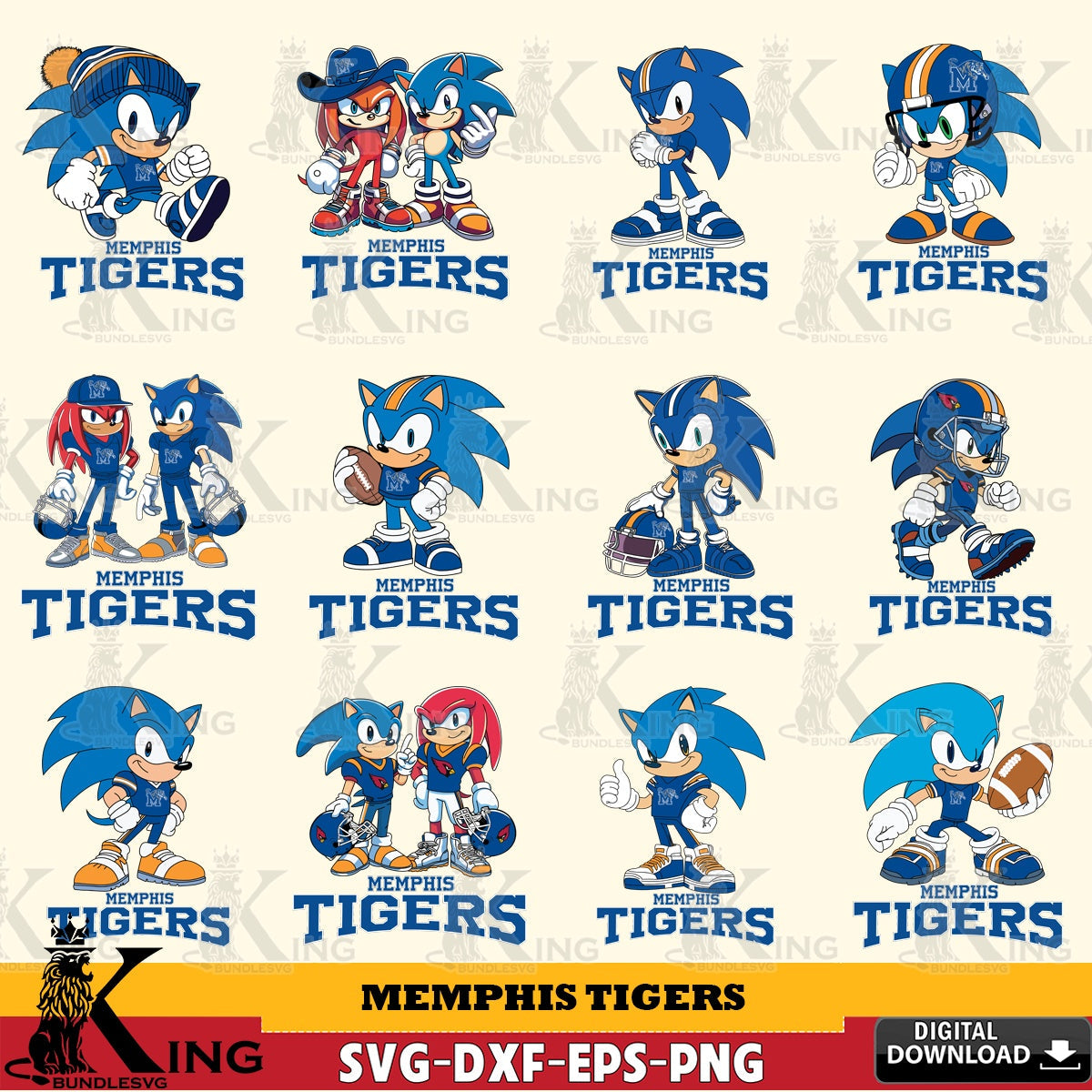 Complete bundle for Memphis Tigers Sonic & Knuckles NCAA Football crafting file for iron-on transfer and vinyl decals