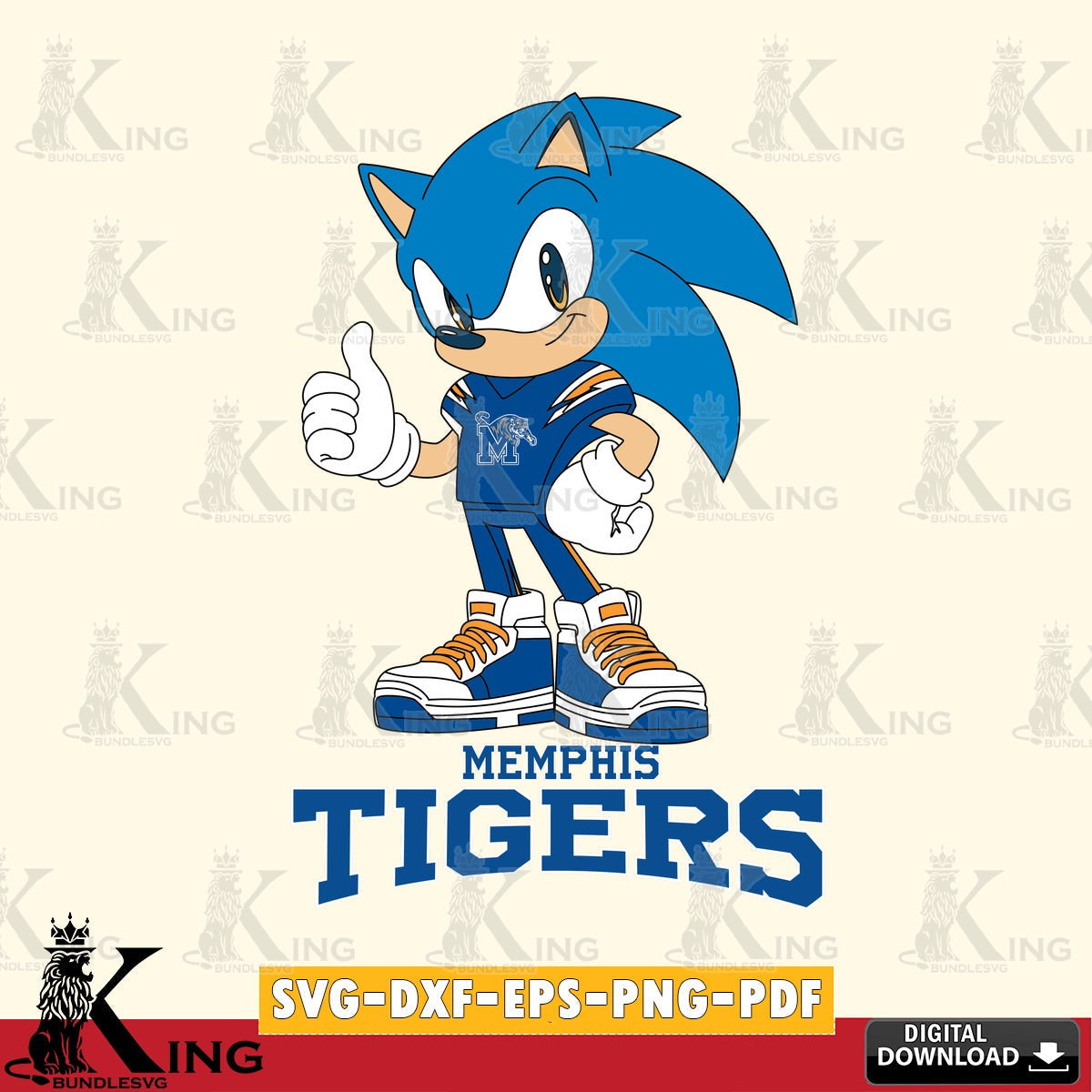 Modern graphic depicting Memphis Tigers Sonic Like Football PNG clipart for sublimation printing and graphic design