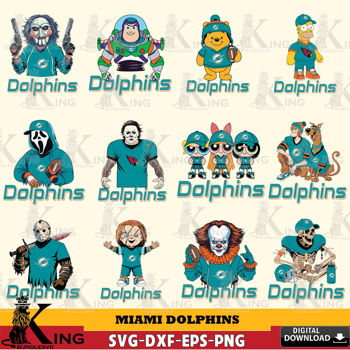 Jumbo collection of Miami Dolphins cartoon football NFL bundle, cut file ideal for vinyl projects and T-shirt printing