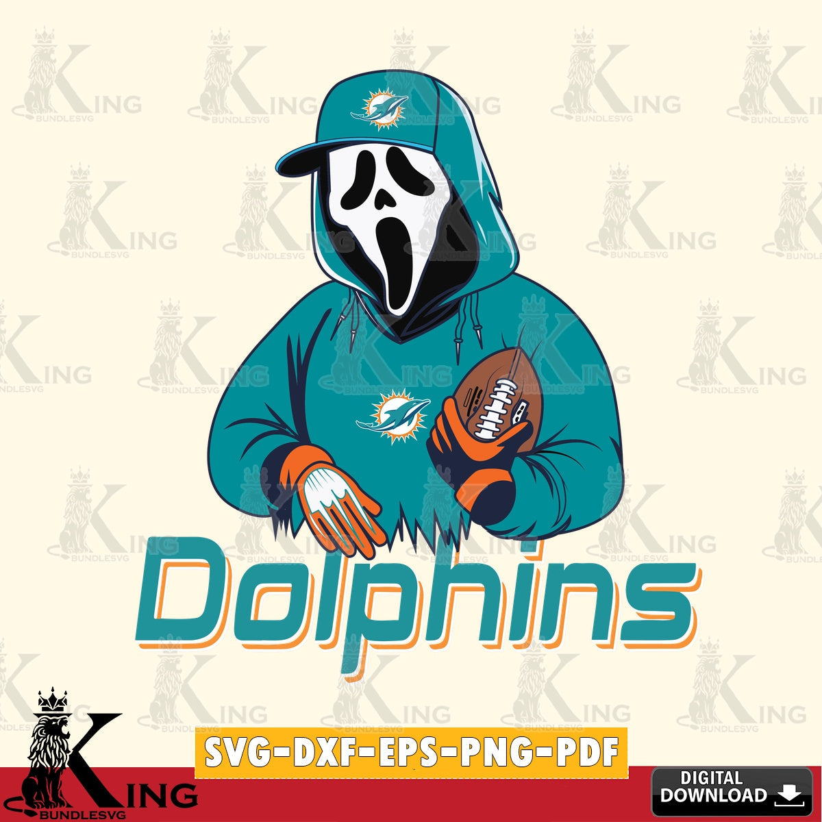 Digital download featuring a Miami Dolphins Ghostface Scream football player SVG PNG files perfect for Cricut and Silhouette
