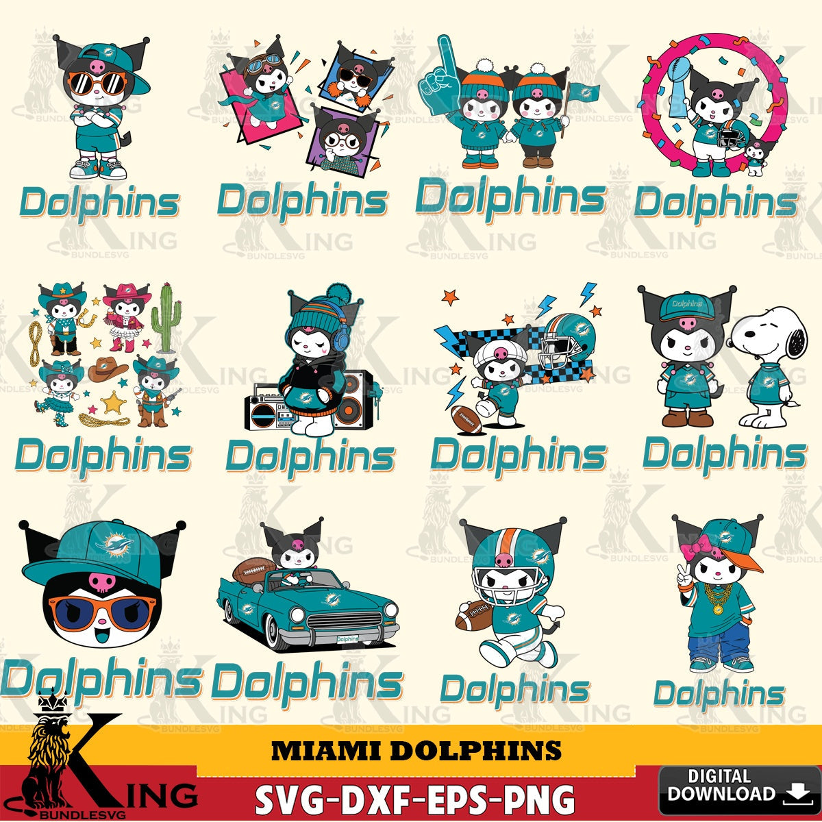 Miami Dolphins Kuromi Football Jersey NFL Bundle SVG file, Cricut, Cut file , Digital Download , Instant Download, Sanrio svg, Clipart