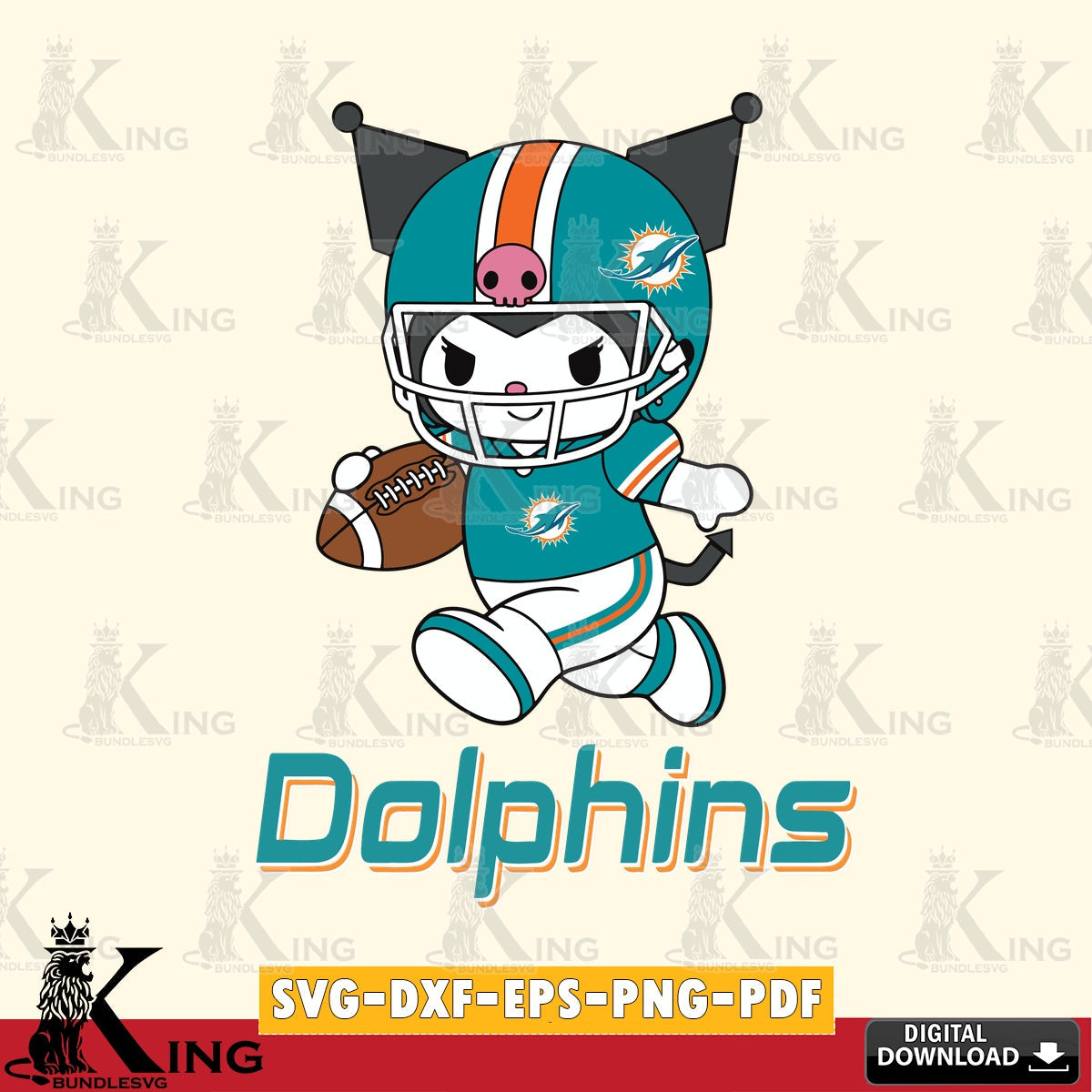 Miami Dolphins Kuromi Football Run SVG file, Cricut, Cut file , Digital Download , Instant Download, Sanrio svg, Clipart
