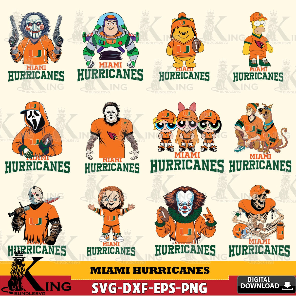 Mega bundle containing Miami Hurricanes Cartoon Football NCAA digital clipart compatible with laser engraving and cutting