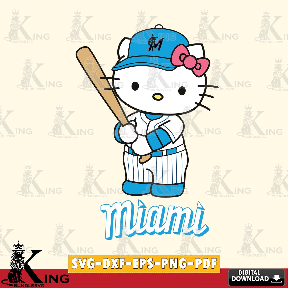 Jumbo collection of Miami Marlins Hello Kitty baseball batter, vector illustration for POD merchandise and apparel