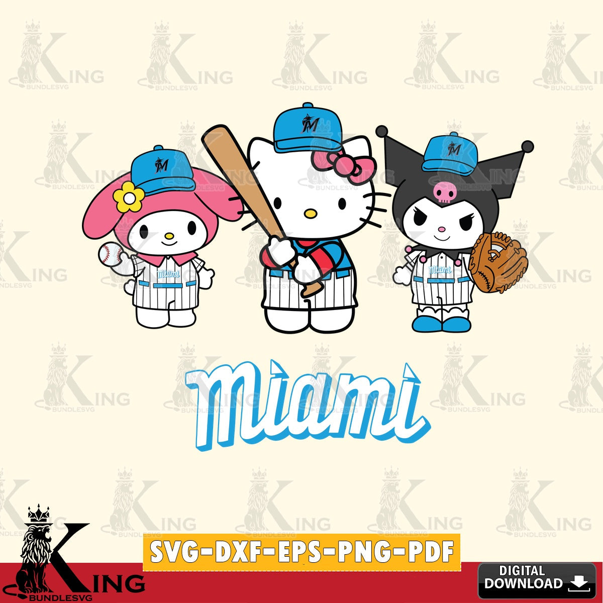 Detailed illustration of Miami Marlins Kawaii baseball team vector art for engraving, cutting, and printing