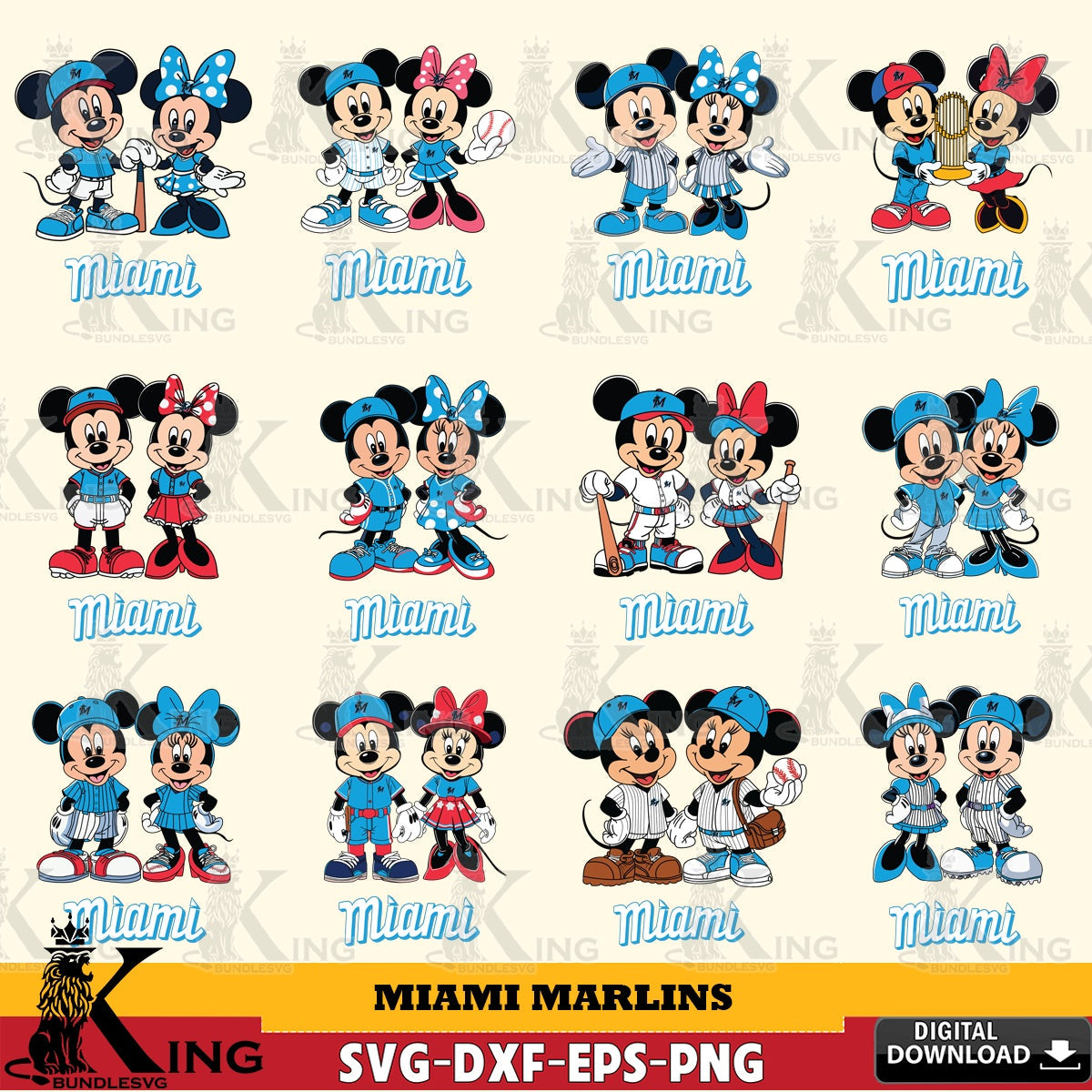Miami Marlins Mickey Minnie Baseball Player MLB Bundle SVG file , For Cricut, File cut , Digital Download , PDF File, Cut Files