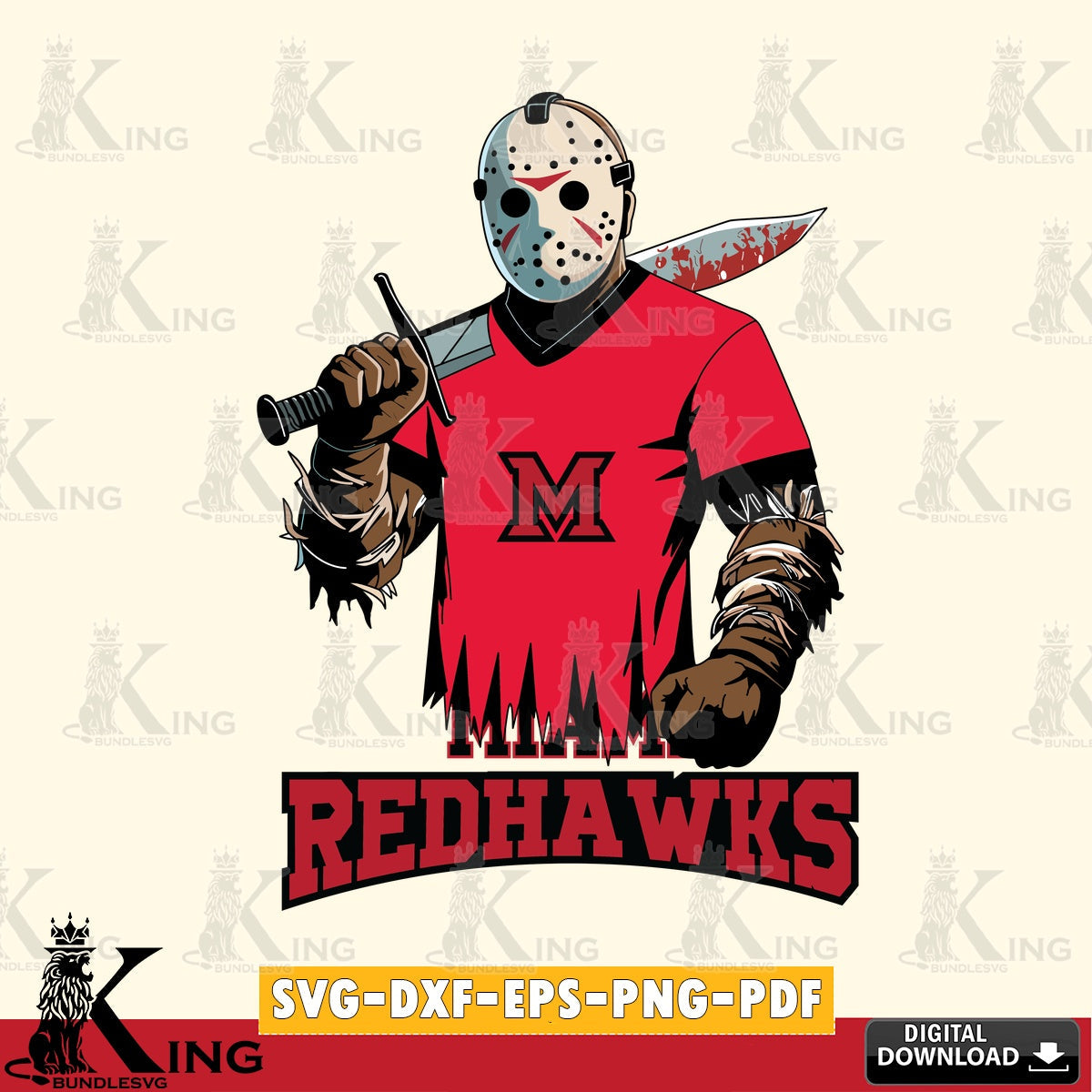 Modern graphic depicting Miami RedHawks Jason Voorhees Football, NCAA file cut, SVG PNG design suitable for Glowforge and laser