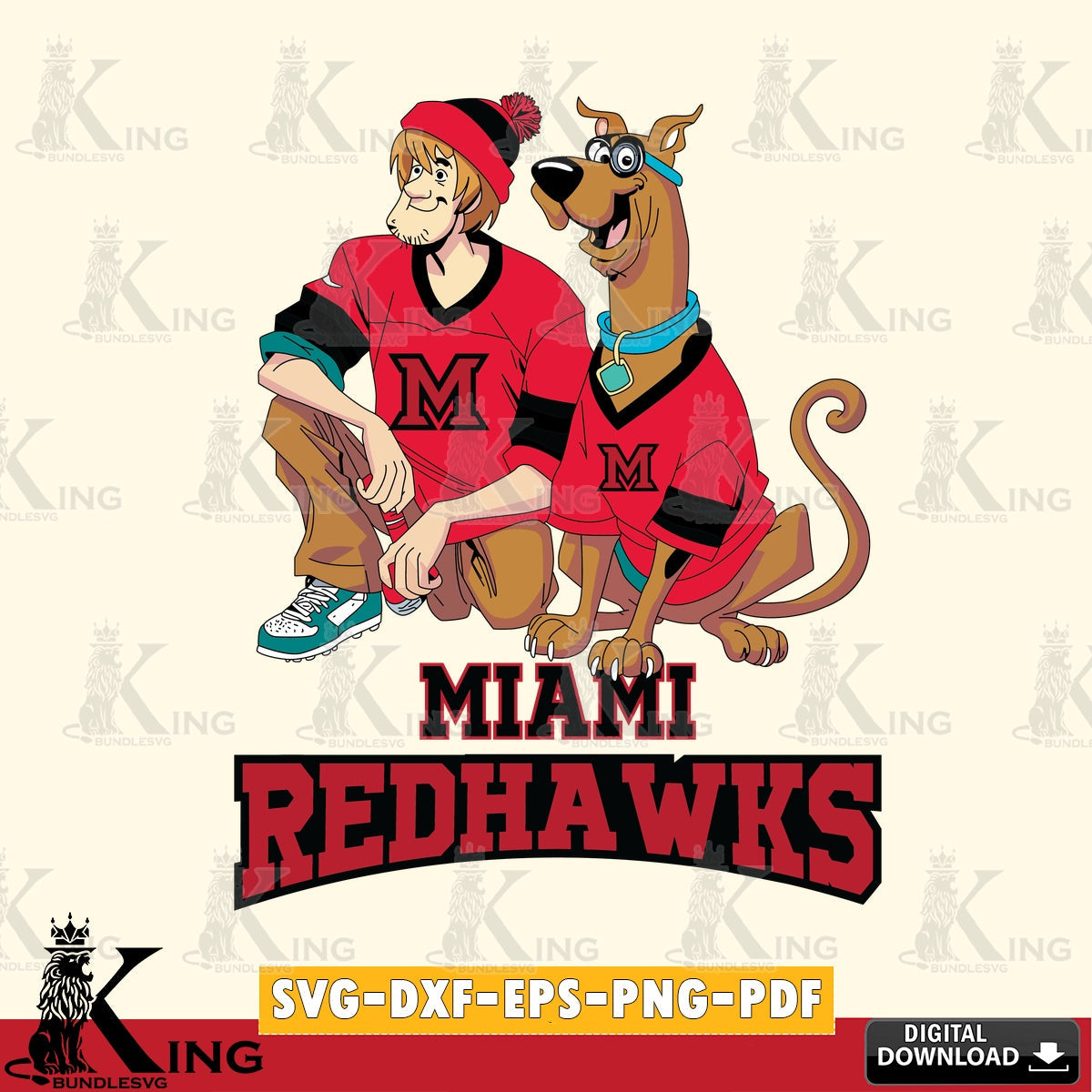Eye-catching graphic of Miami RedHawks Shaggy and Scooby Doo football, NCAA, SVG PNG files perfect for Cricut and Silhouette