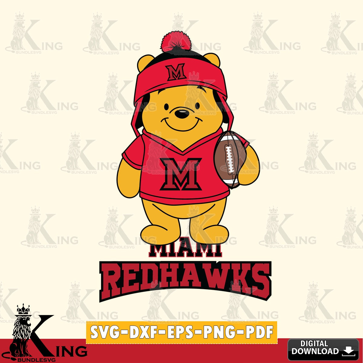 Stylish representation of Miami RedHawks Winnie the Pooh player Football, NCAA PNG clipart for sublimation printing and graphic