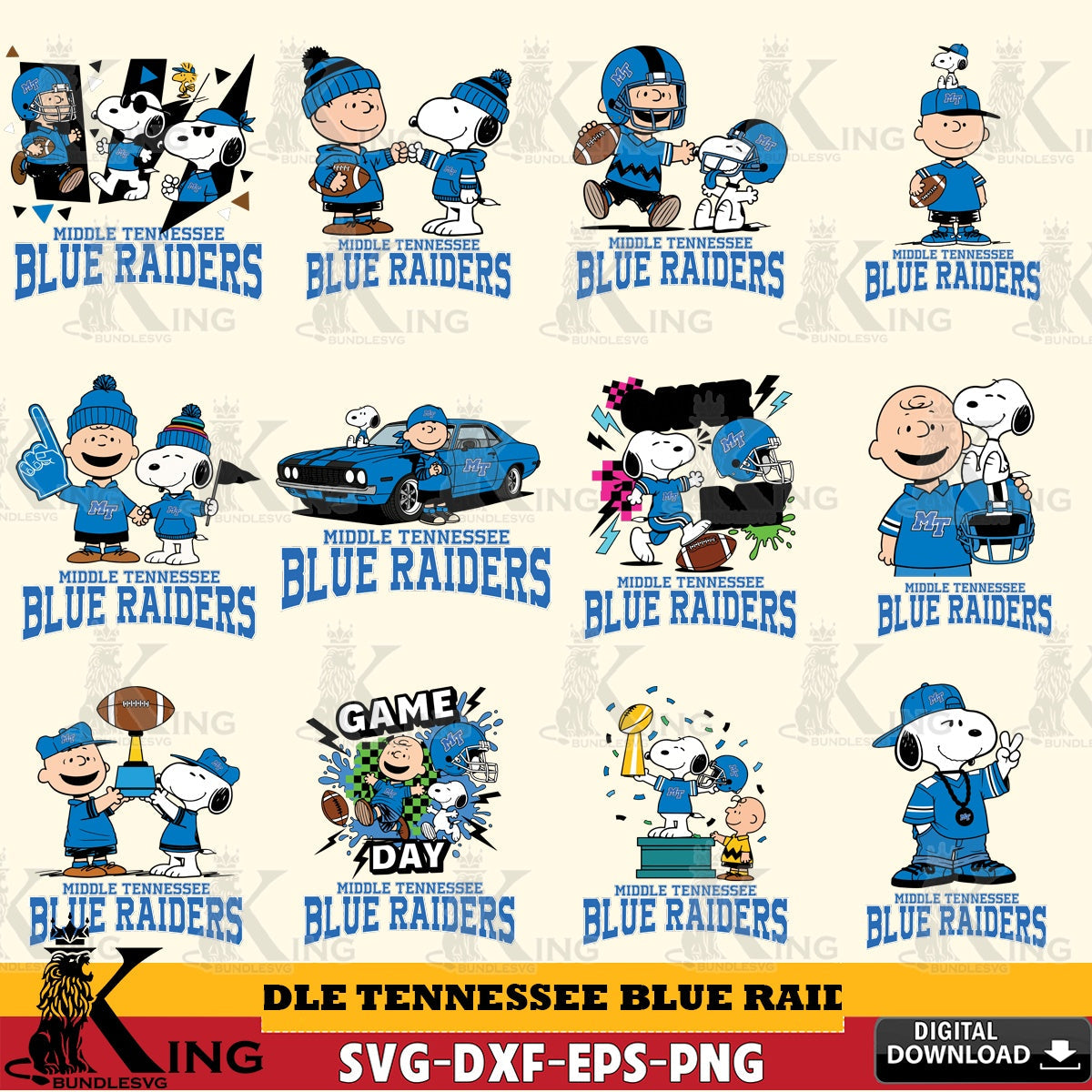 Middle Tennessee Blue Raiders Peanuts Football NCAA Bundle SVG, Cricut, Cut file , Digital Download , Instant Download, Peanuts svg, NCAA svg, Football svg, Sport svg