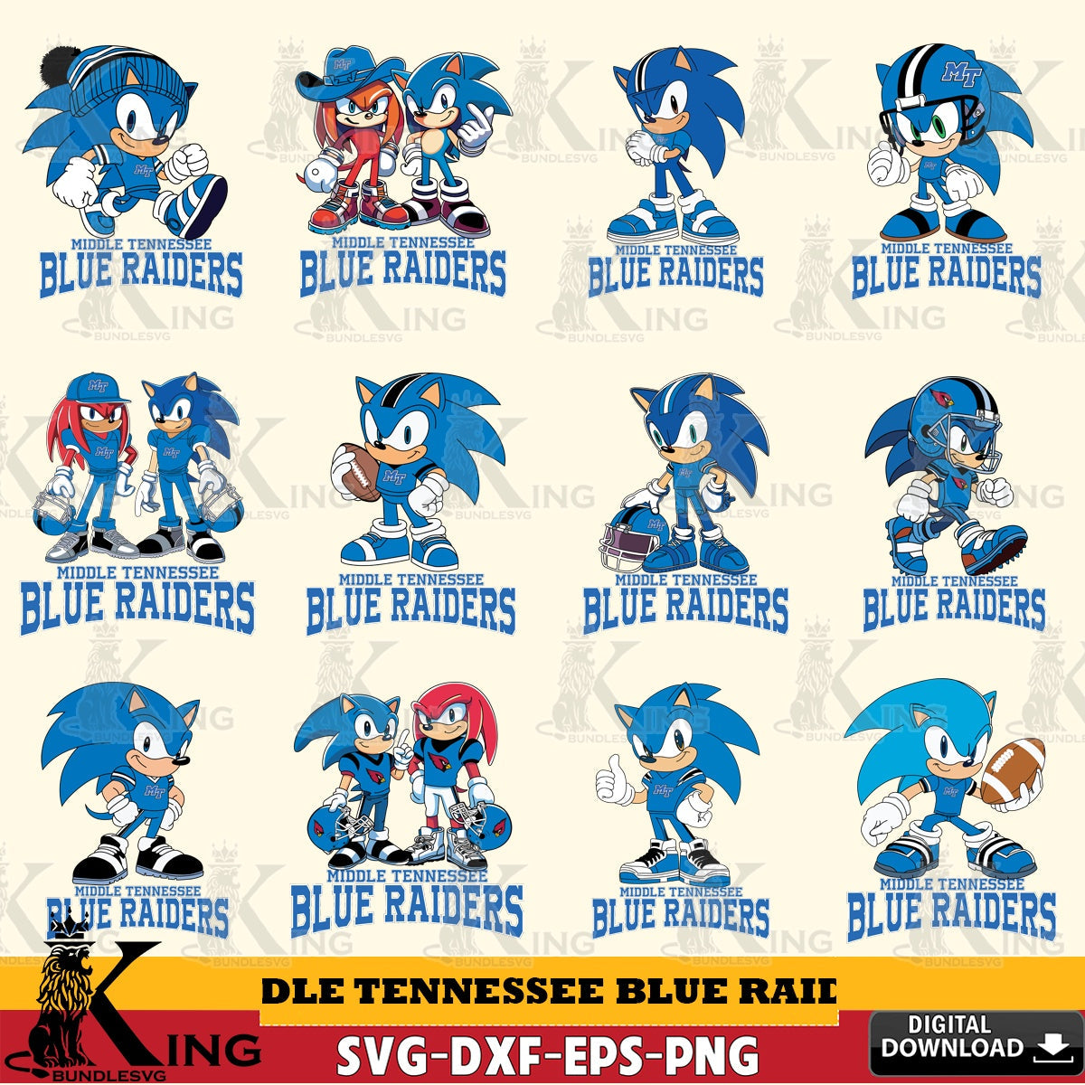 Massive pack of Middle Tennessee Blue Raiders Sonic & Knuckles NCAA Football Bundle SVG cut file for personalized gifts and laser