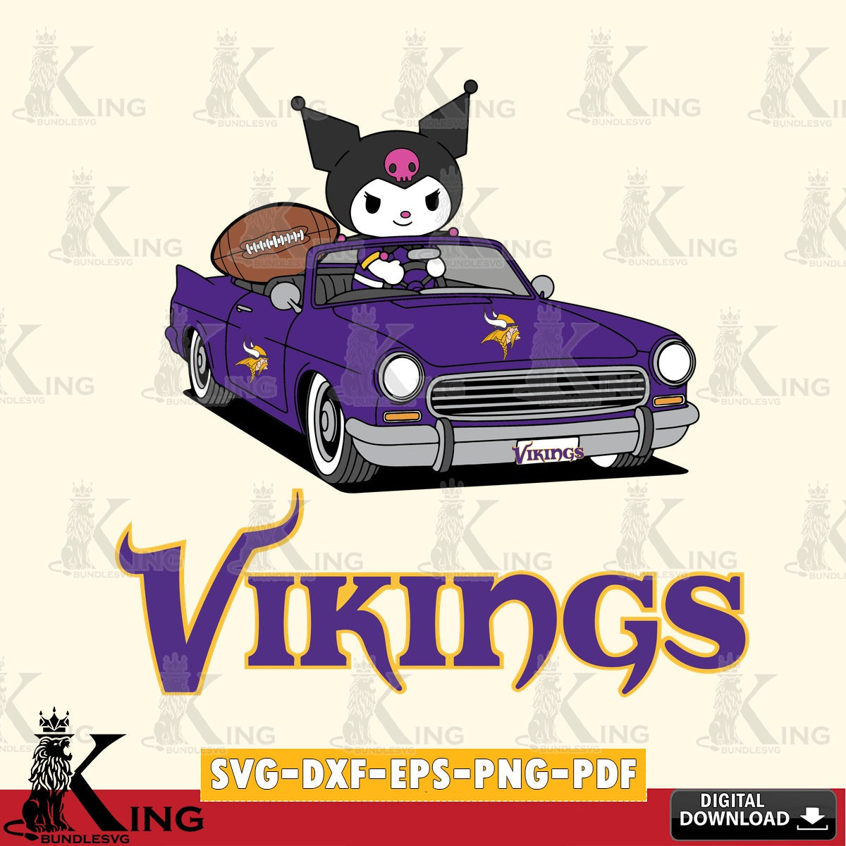 Minnesota Vikings Kuromi Car Football Game SVG file, Cricut, Cut file , Digital Download , Instant Download, Sanrio svg, Clipart