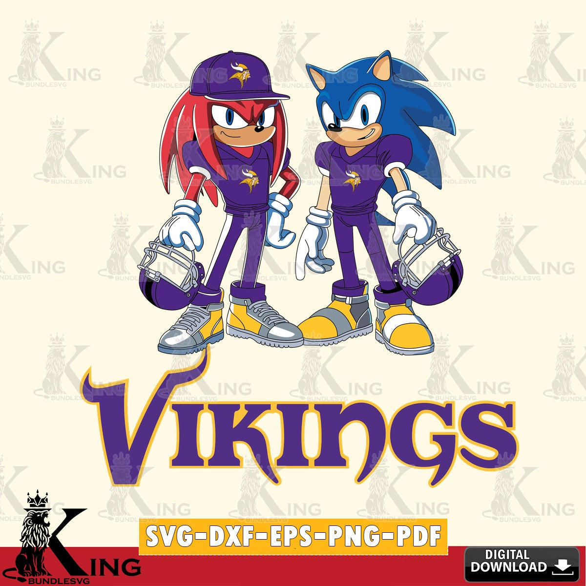 Modern graphic depicting Minnesota Vikings Sonic and Knuckles playing football vector art for engraving, cutting, and printing.