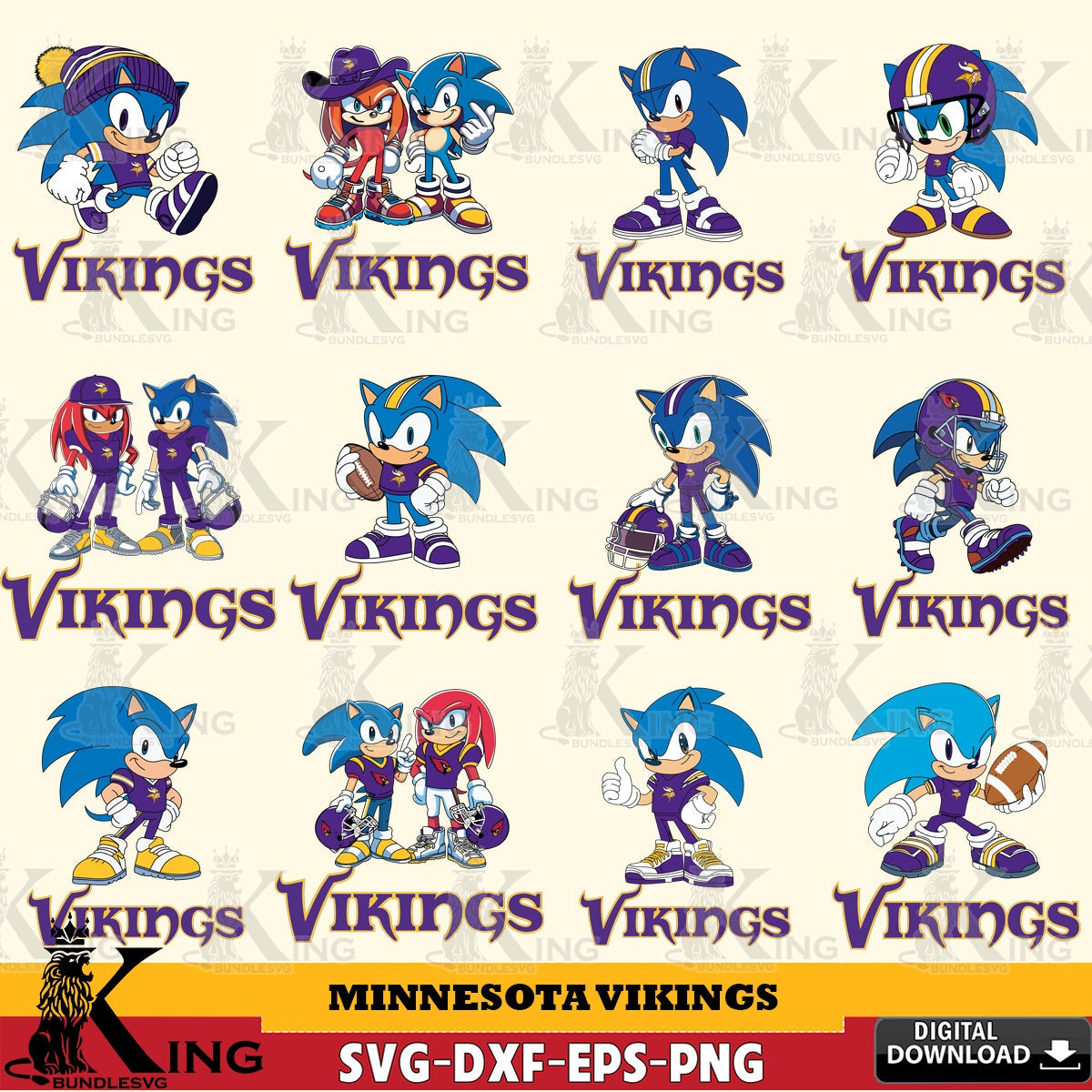 Massive pack of Minnesota Vikings Sonic & Knuckles NFL Football Bundle vector, digital, and PDF PNG clipart for sublimation