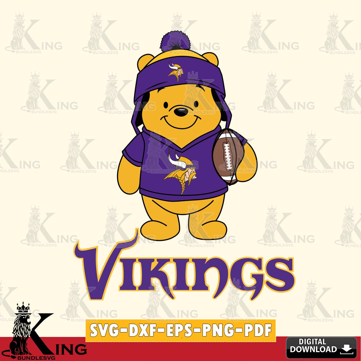 High-quality graphic of Minnesota Vikings Winnie the Pooh player football, a digital file for silhouette cameo and cricut projects