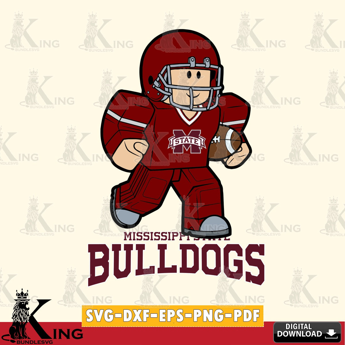 Stylish representation of a Mississippi State Bulldogs Roblox player in a rugby design, vector illustration for POD merchandise